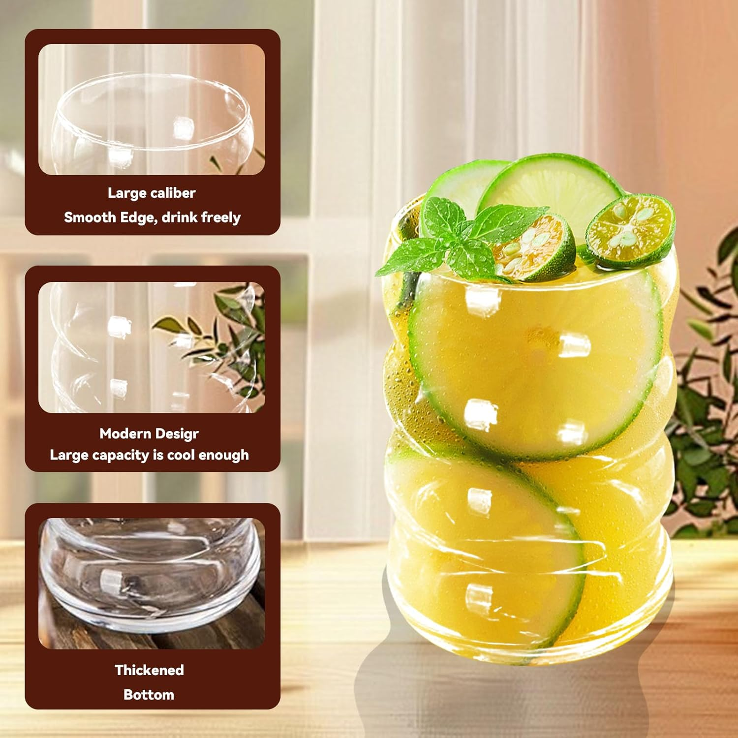 Glass Cups with Straws, Cute Tumbler Wave Bubble Beverage Glasses, 470Ml/16 Oz Vintage Glass Cup, 2 Pcs with Cleaning Brush Ideal for Matcha, Soda, Tea, Juice, Coffee, Milk, Gift image number 4