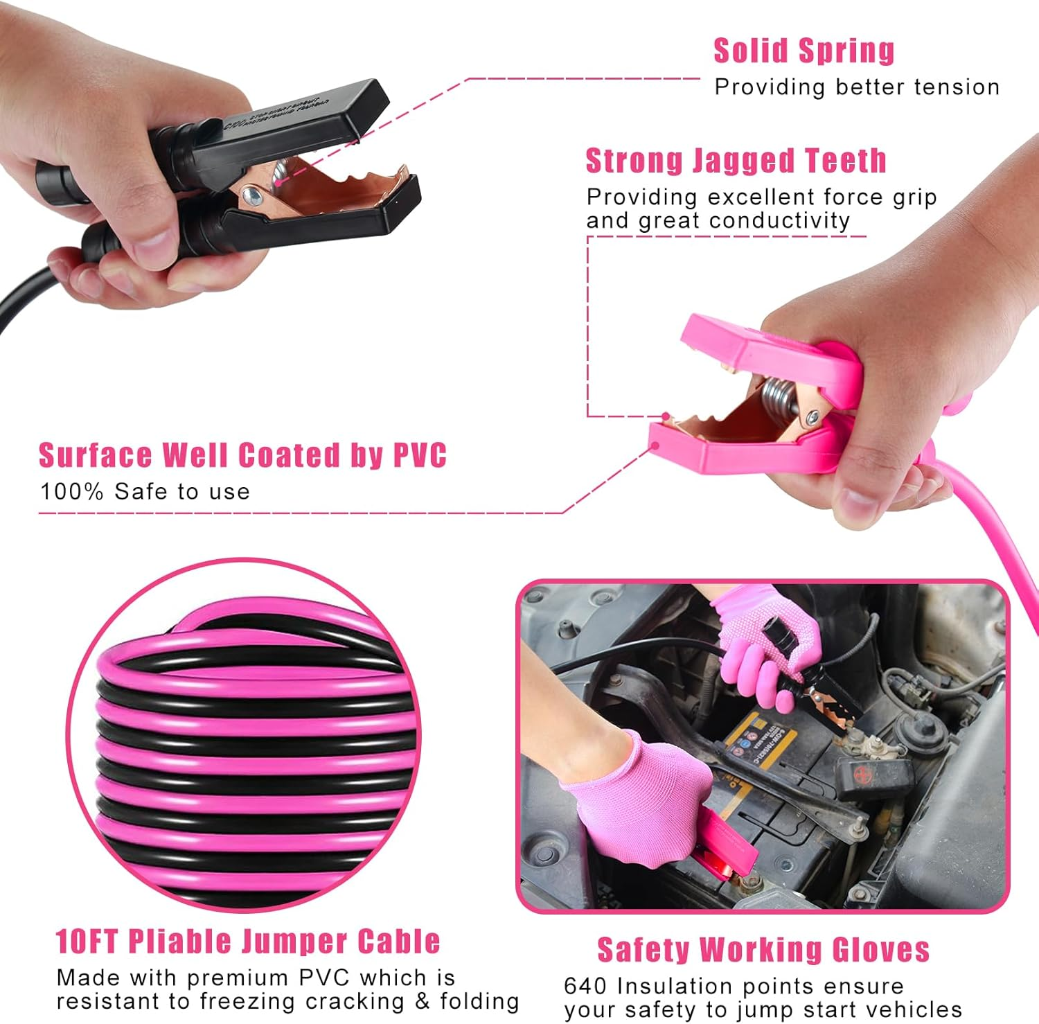 BHLUUIYER Car Emergency Kit, Pink Roadside Emergency Car Kit with Jumper Cables, Tow Rope, Safety Hammer, Pink Car Accessories for Women image number 2