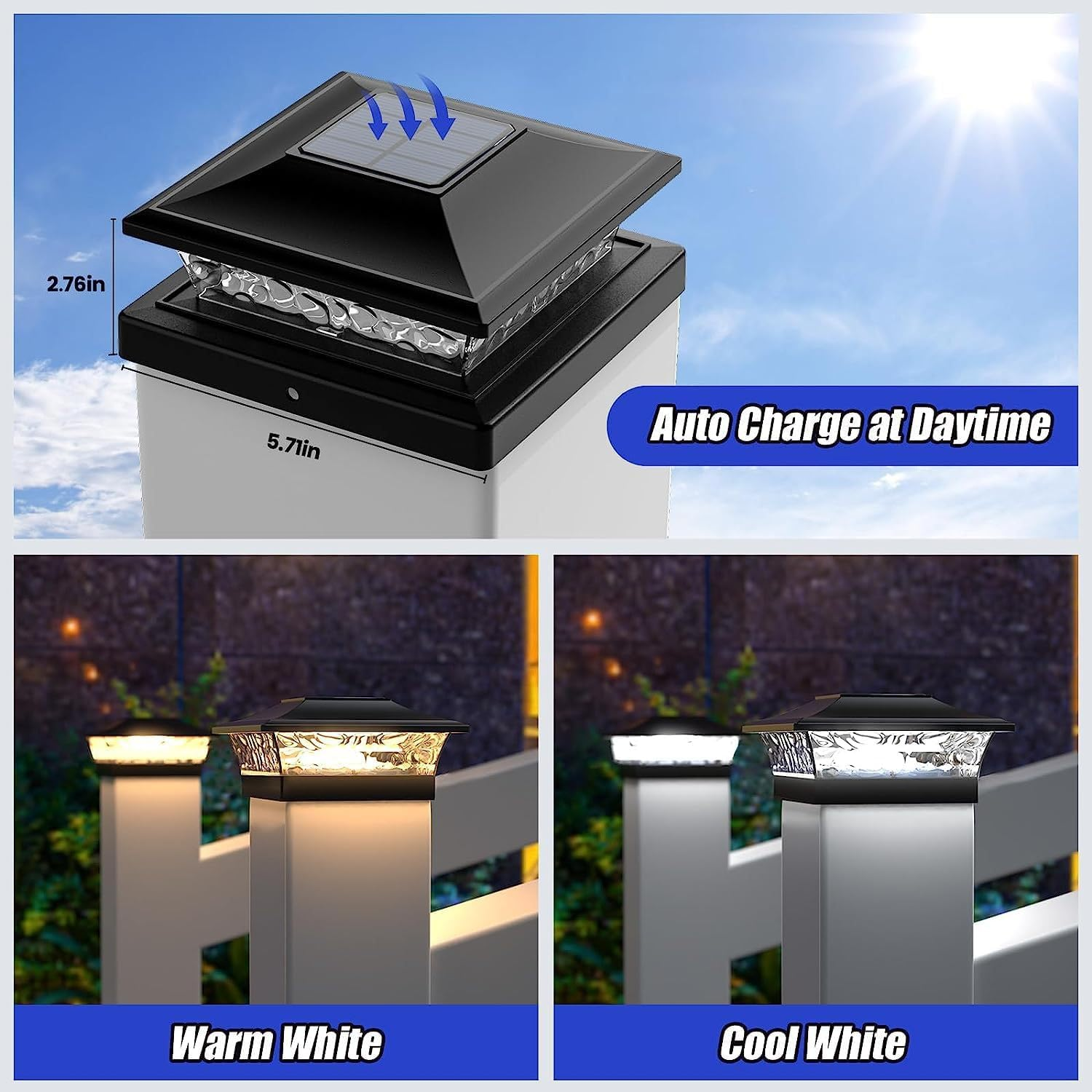 Solar Post Cap Lights 6 Pack, Waterproof Outdoor LED Deck Lights for 4X4, 5X5, 6X6 Wood Fence & Vinyl Posts, 2 Color Modes (Warm/Cool), All-Night Lighting, Auto On/Off image number 1