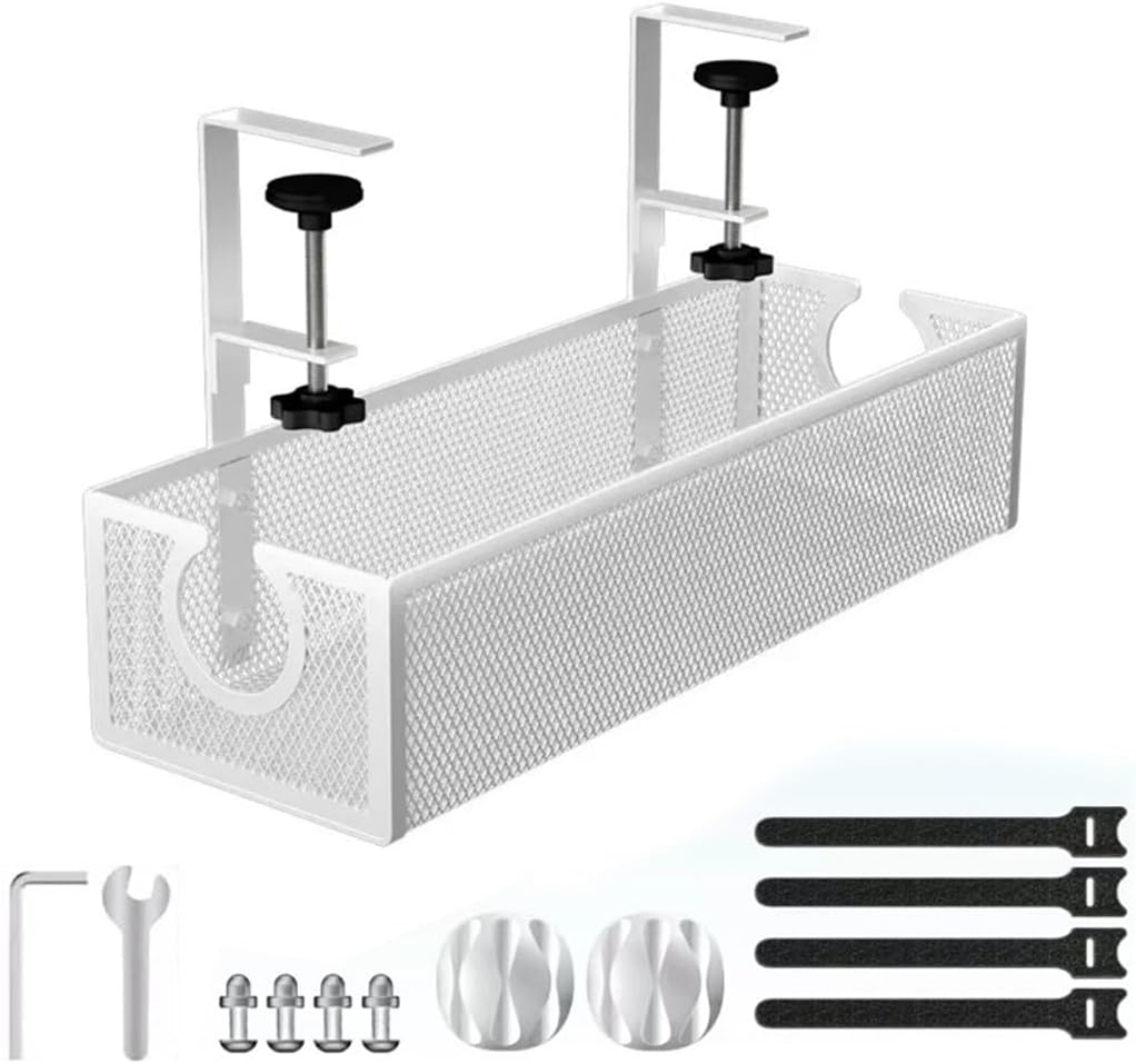Under Desk Cable Management Tray, No Drill Metal Mesh Cable Organiser with Clamp Mount for Wire Management, 2 Hole Cord Organization Box, Cable Rack for Home, Office and Standing Desk, Easy to Install image number 1