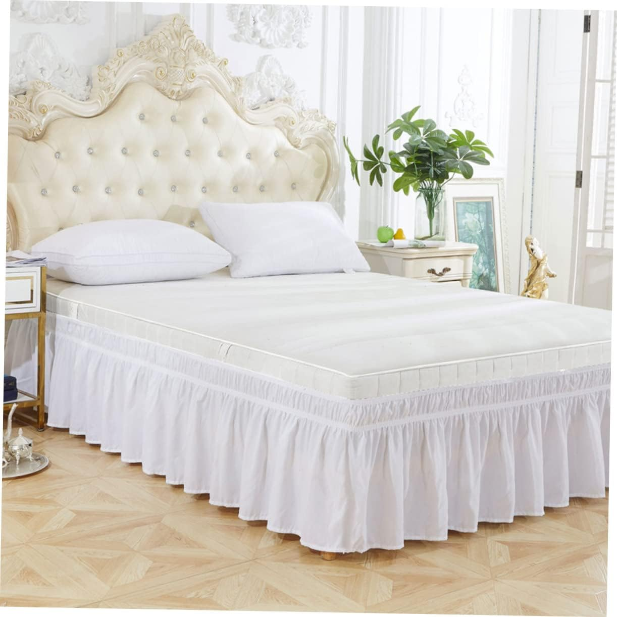 JEWEDECO Solid White Elastic Pleated Design 100% Polyester Fits Queen Size Easy to Install for Bedroom Decor - Pink image number 3