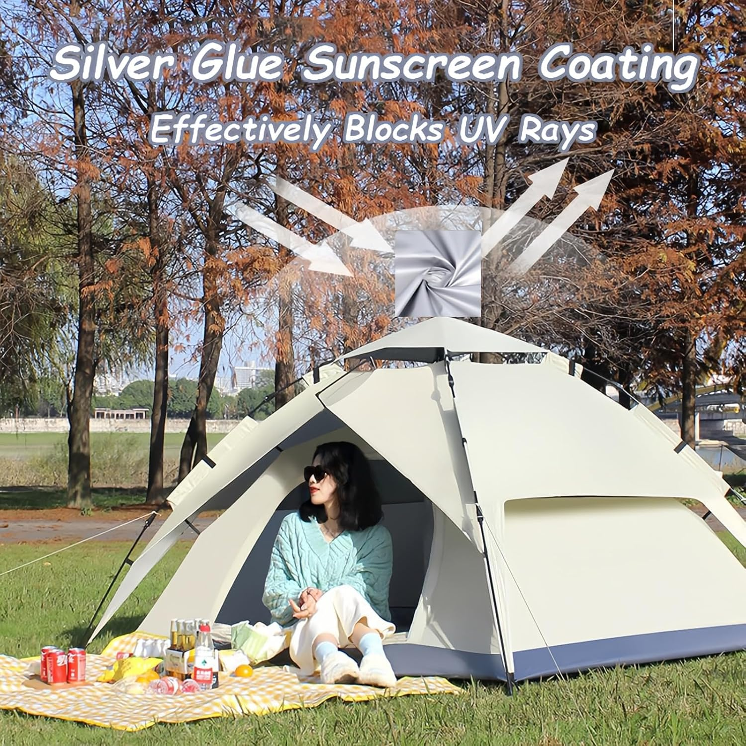 Camping Tent, 3-4 Person Pop up Tent, UV Protection, 2 Door Breathable Design, Portable Dome Tent for Family Camping, Hiking, and Beach Outings(Off White) image number 5