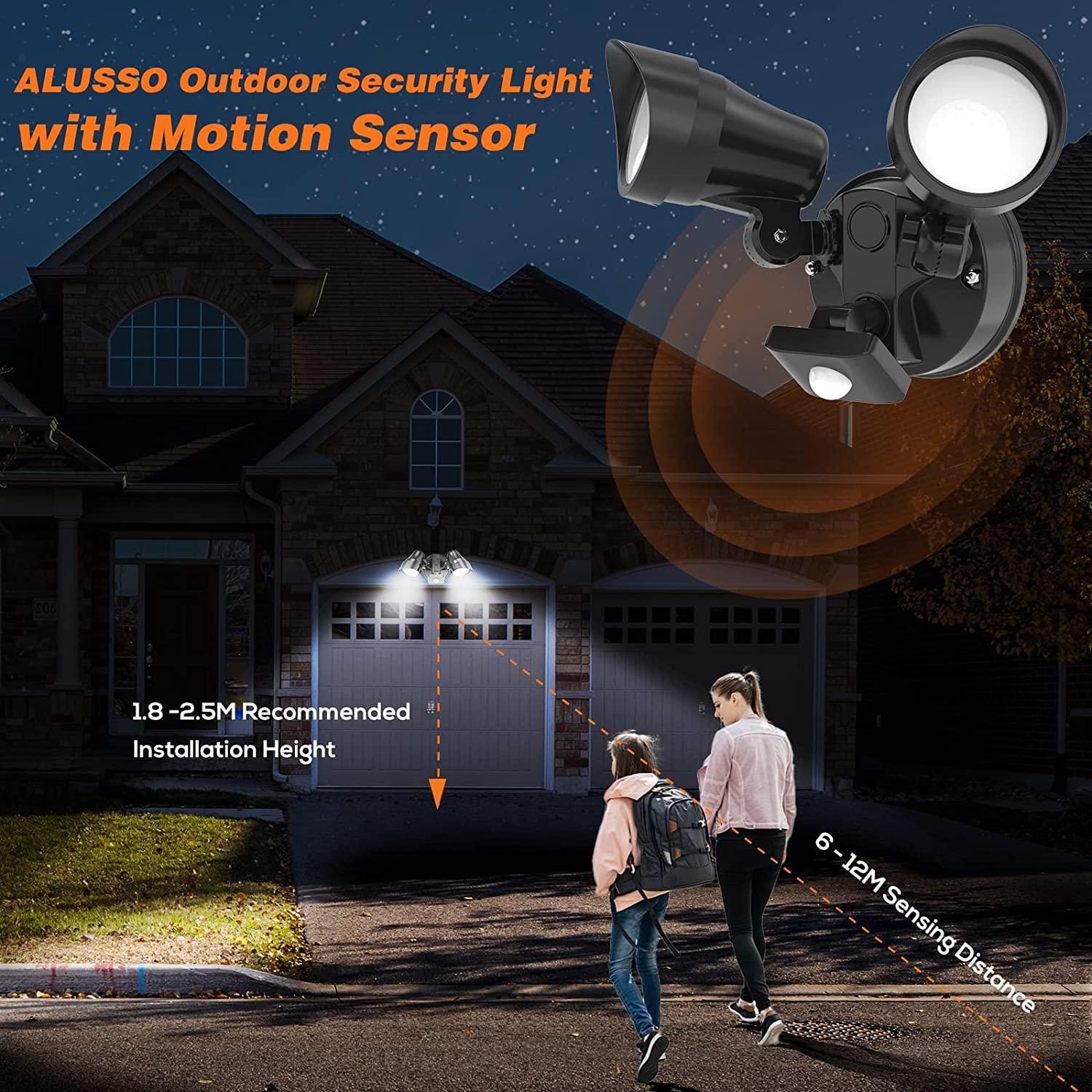ALUSSO 25W LED Outdoor Security Light with Motion Sensor, PIR Light IP54 Waterproof outside Floodlight,3000K 4000K 6500K 3 Colors Adjustment,Suitable for Porch, Garage, Courtyard image number 6