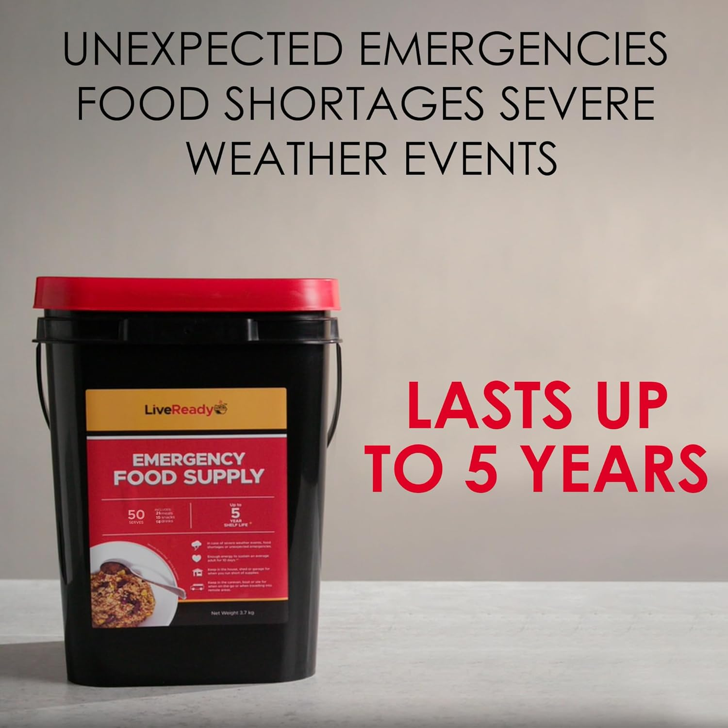 Emergency Food Supply by Liveready. a 50 Serve Survival Food Kit Including 21 Meals, 15 Snacks & 14 Drinks. 5 Year Shelf Life image number 2