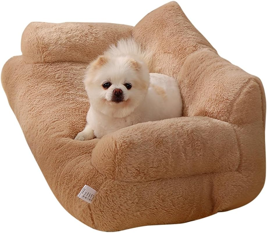 Calming Pet Sofa, Dog Sofas & Chairs, Calming Dog Bed Fluffy Plush Pet Sofa, Large Memory Foam Pet Orthopedic Dog Bed, with Removable Washable Cover (Coffee, L)