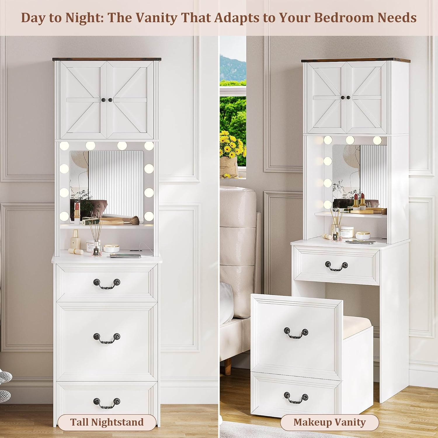 Dystler Vanity Desk with Mirror and Lights, Compact Makeup Table W/Storage Drawers & Shelves, Farmhouse Vanity Table with Hidden Chair for Bedroom, White Dressing Table for Women/Lady image number 5