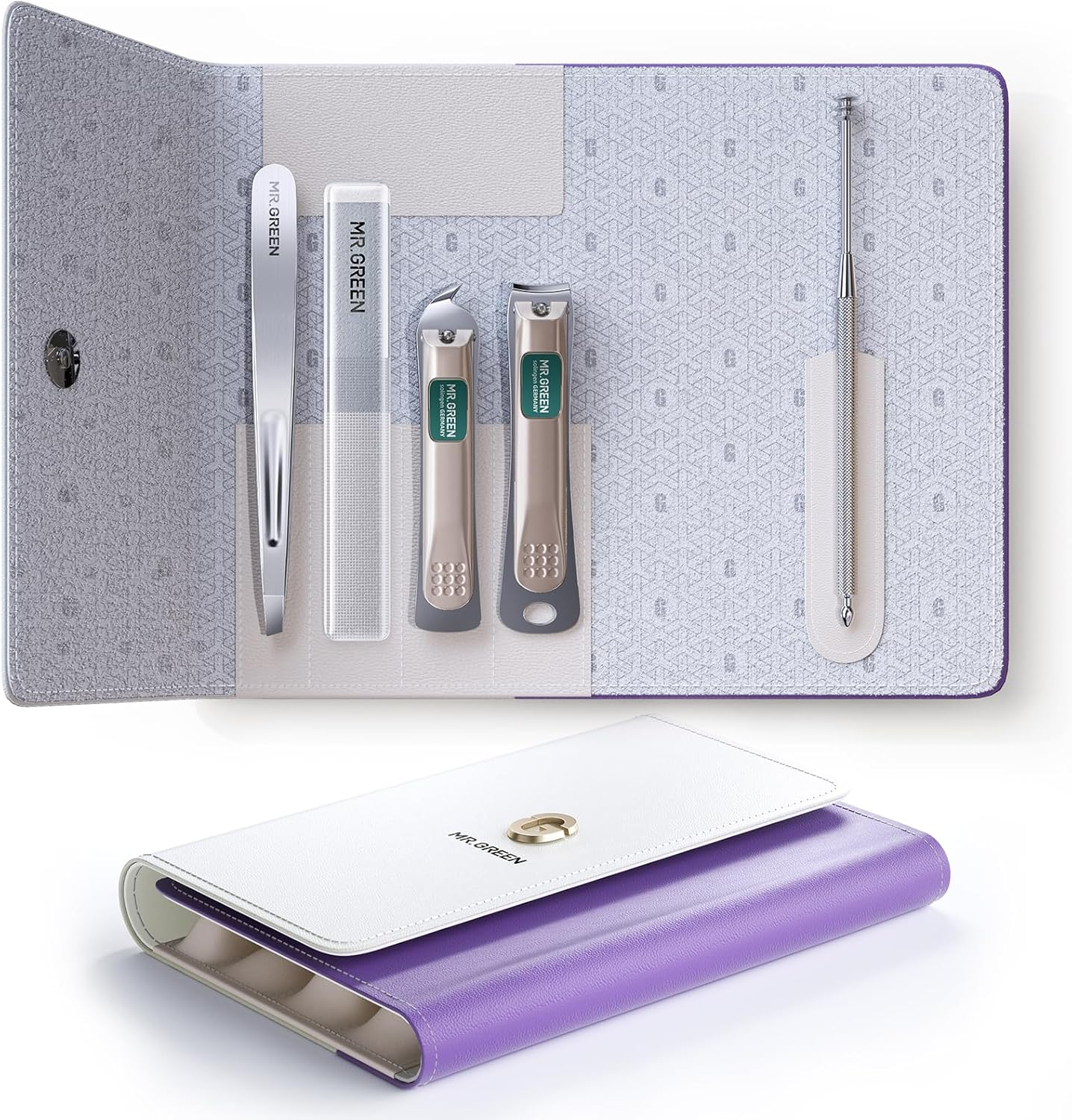 MR.GREEN Nail Clippers, 5PCS Nail Clipper Set with Fingernail Clippers,Ear Pick,Glass Nail File,Tweezers, Professional Manicure Set for Men and Women, Nail Cutter with Leather Case (Purple) image number 4