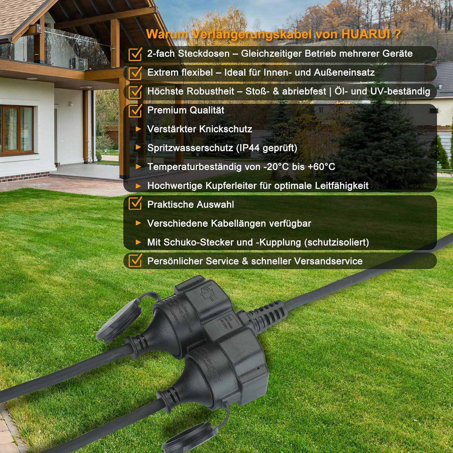 Outdoor Extension Cable 10 M with 2 Schuko Sockets, Double Extension with Protective Cap for Outdoor Use, IP44, Power Cable with Double Coupling, Rubber Cable with 2-Way Sockets, 3500 W, Black image number 1