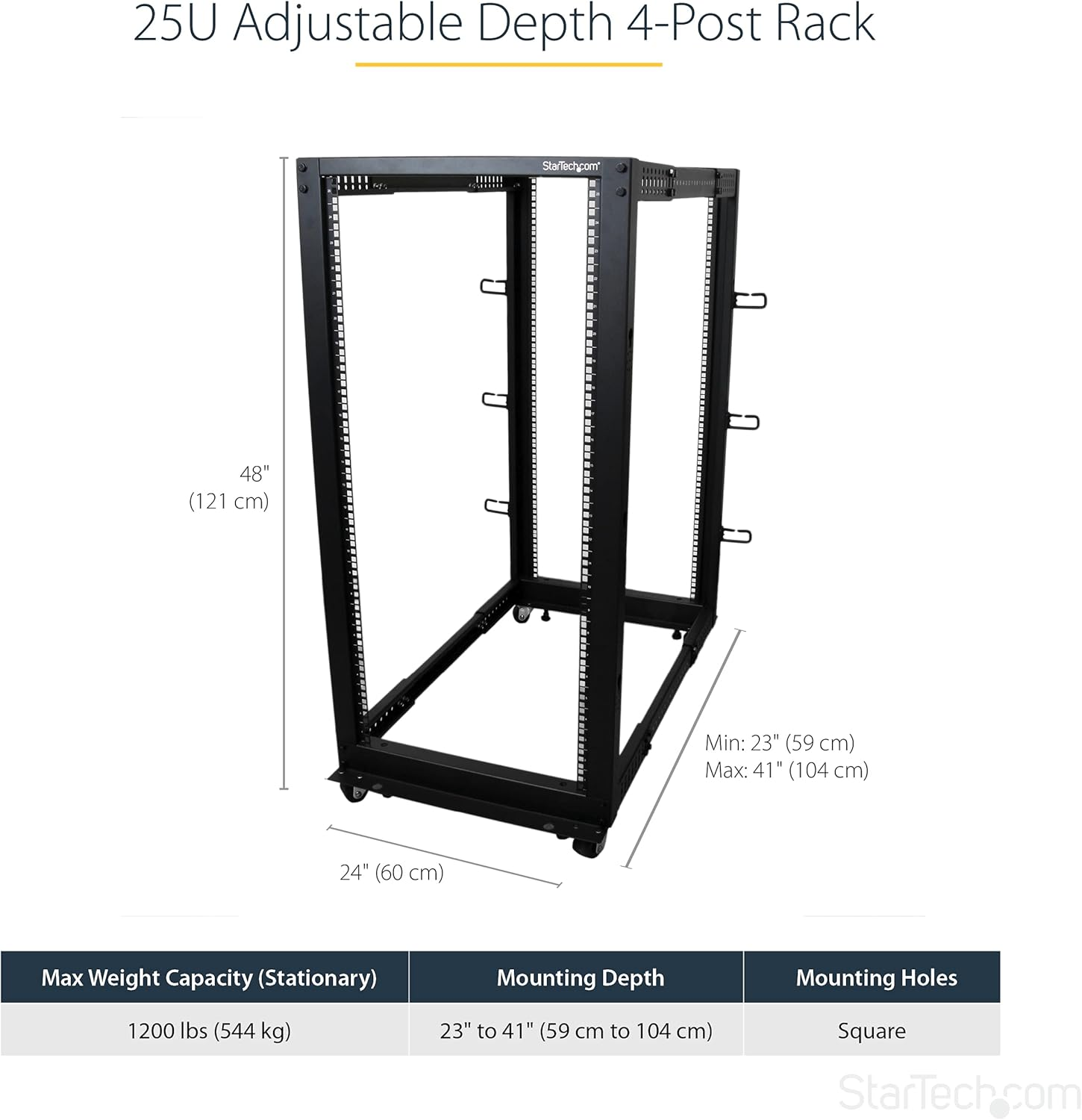 Startech.Com 25U Adjustable Depth Open Frame 4 Post Network Server Rack Cabinet with Casters/Levelers and Cable Management Hooks 4POSTRACK25U Black image number 5