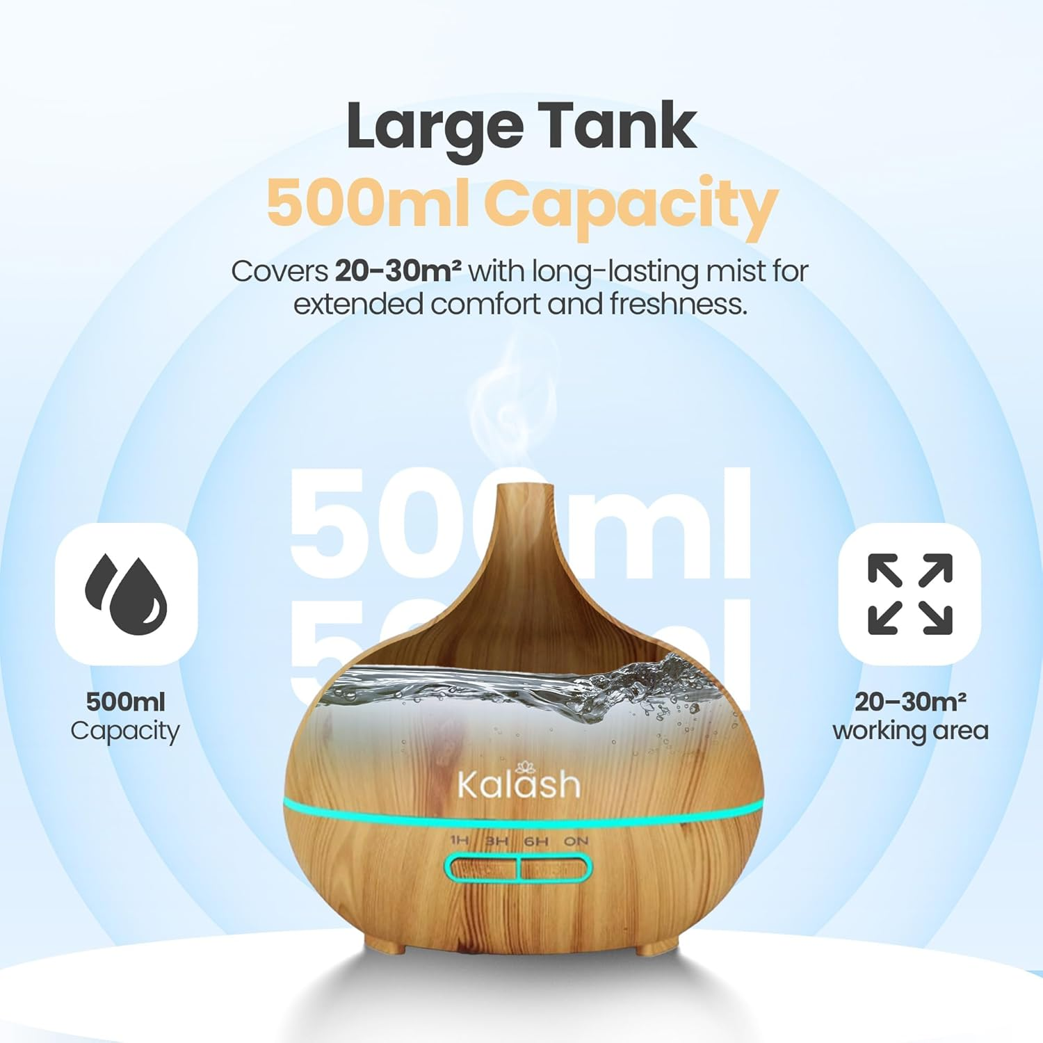 Kalash 500Ml Essential Oil Diffuser &ndash; Aroma Diffuser with Remote & Timer, Ultrasonic Cool Mist, Electric Air Diffuser for Home, Office & Bedroom &ndash; Wood Grain, Colour Changing LED, Light Wood image number 3