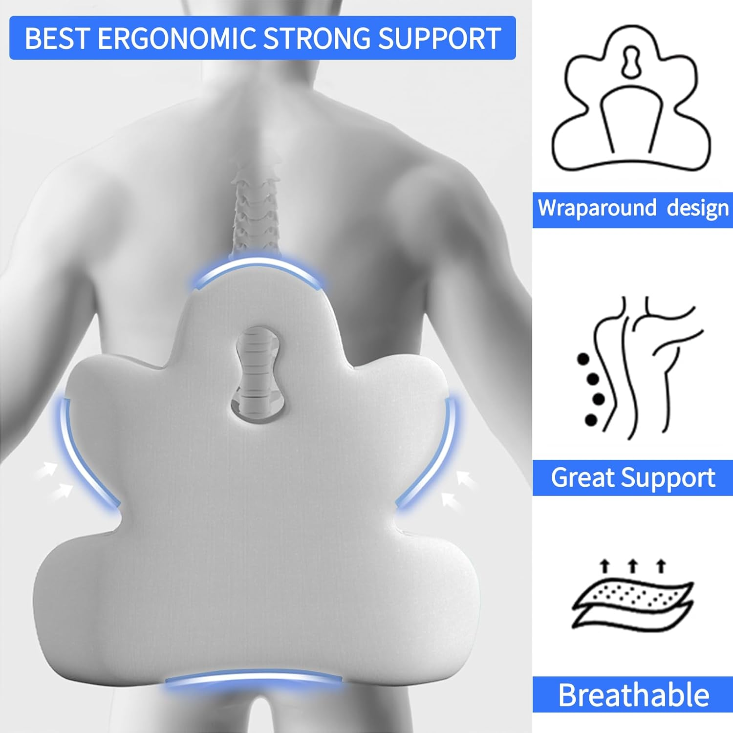 Lumbar Support Cushion for Pain Relief, Lower Back Support Pillow with Adjustable Strap, Ergonomic Memory Foam Back Rest Cushion for Office Chair & Car Seat (Grey) - Grey image number 5