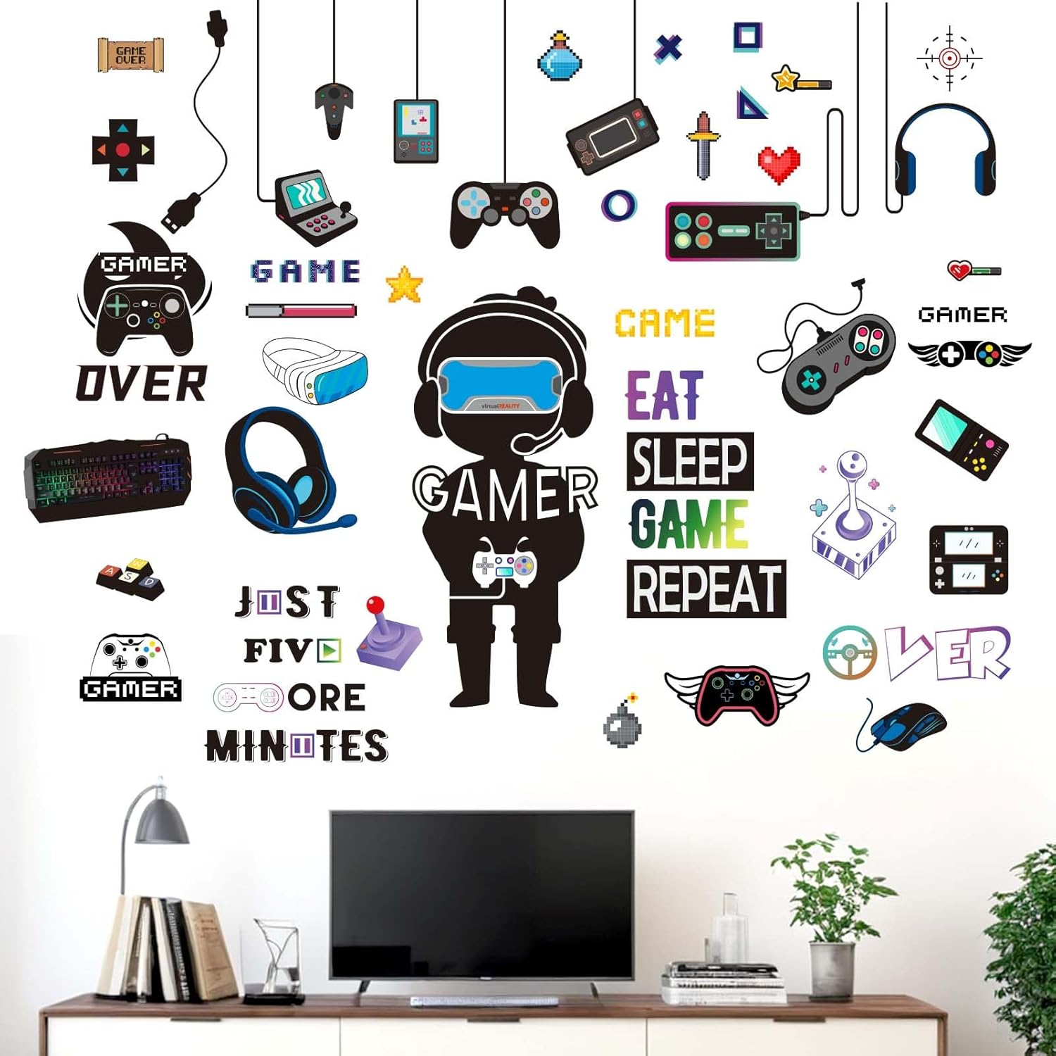 Amimagen Gamer Wall Stickers - Controller Eat Sleep Games Joystick Video Gaming Wall Decals - Boys Bedroom Playroom Baby Kids Room Wall Decor image number 1