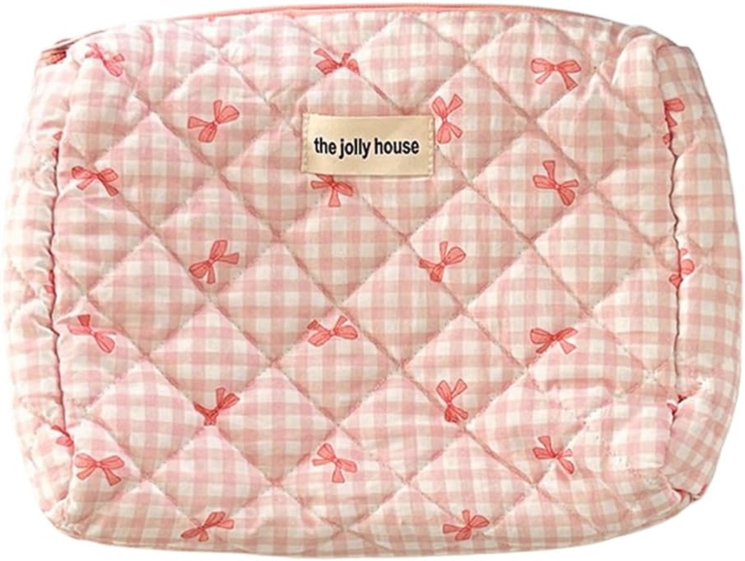 AZURAOKEY Quilted Makeup Bag Pink Bows Cosmetic Bag for Women Quilted Cotton Makeup Bag Set, Portable Coquette Aesthetic Toiletry Bag with Zipper, Cute Bows Travel Toilet Bag, Pink, S, Fashion