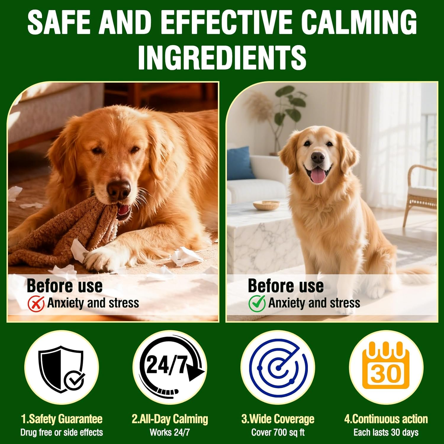 Dog Calming Pheromone Diffuser with 2 Refill Packs,Natural Anxiety Relief for Dogs, Reduces Stress and Barking Effectively,Fit All Breeds,2 Refills