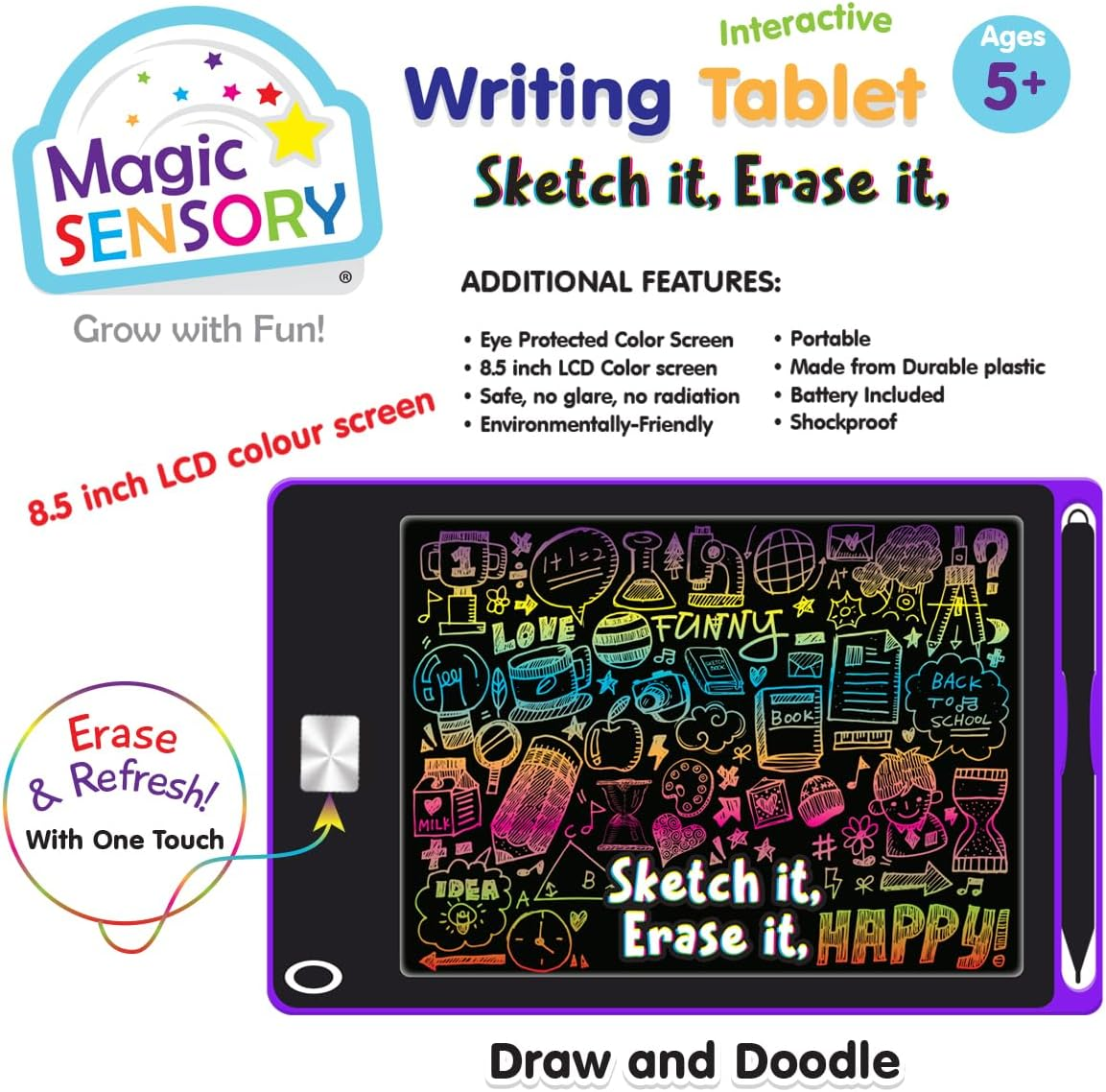 LCD Interactive Drawing Writing Tablet for Kids - 8.5" Screen - Encourage Creative Drawing and Practise Handwriting - Purple image number 1