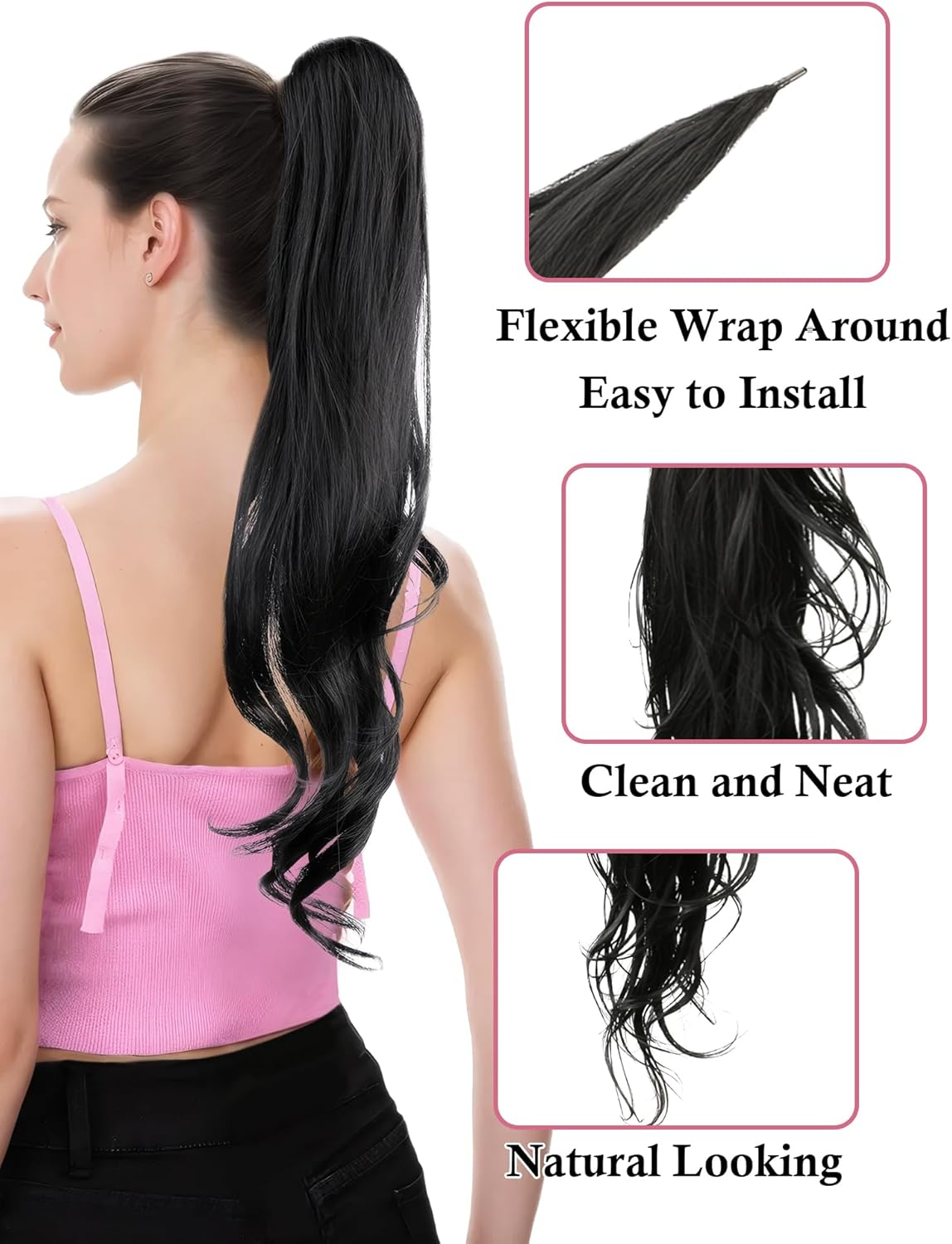 Flexible Wrap around Ponytail Hair Extensions Long Wavy Curly Hair Extensions Natural Ponytail Fake Pony Tail Natural Black Synthetic Ponytails Hairpiece for Women Daily Use Black image number 5