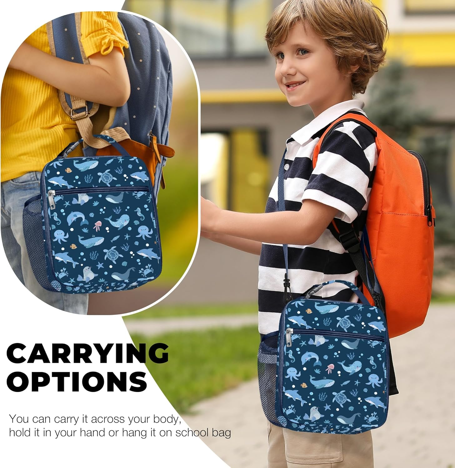 Clastyle Blue Sea Animals Insulated Lunch Bag for Kids, Portable Large Thermal Cooler Lunch Bag for Boys, School Lunch Box Bag with Bottle Holder image number 3