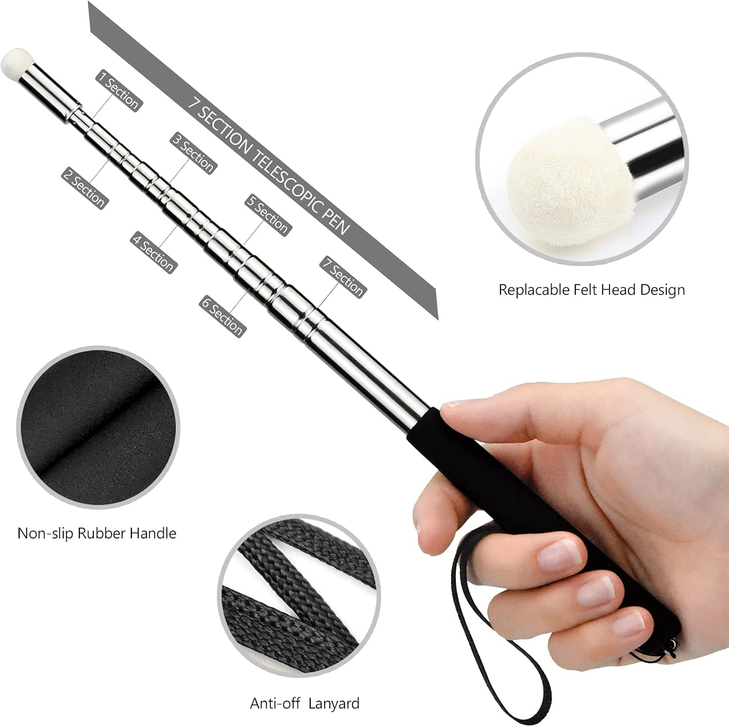 Pointer Sticks, Extendable Pointing Stick for Teachers, 2 Pieces 1M Retractable Telescope Pointer with Lanyards for Coach Class Classroom Whiteboard Post Pointer - Black image number 5