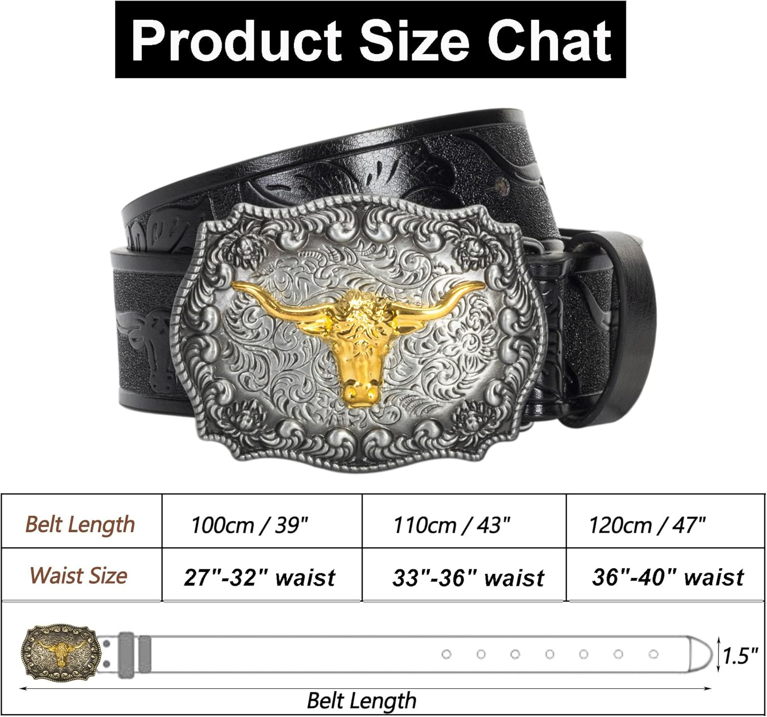 Men Women Western-Cowboy-Belt PU Leather Floral Engraved Bull Buckle-Belts for Jeans (For 27" to 41" Waist) image number 5