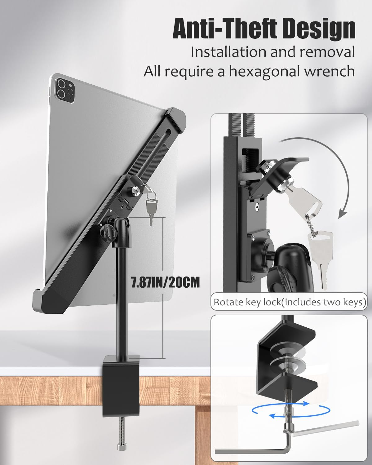 Anti-Theft Tablet Stand Holder Fits 7-11" Tablets, Tablet Kiosk Clamp Mount with Lock for Store POS Reception, Diagonal Clip Compatible with Ipad Pro 12.9/Air, Surface, Galaxy Tabs image number 3