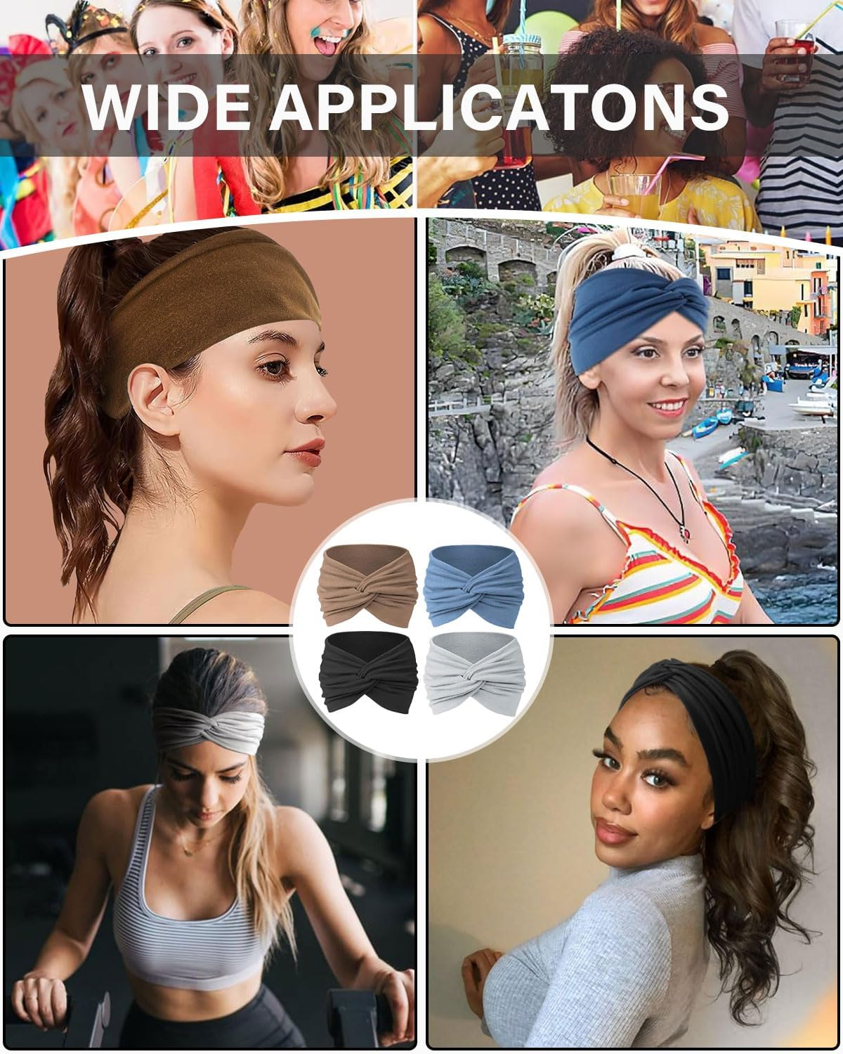 FUGLUS 4 Pieces Fashion Headbands for Women, Elastic Soft Headbands, Extra Wide Hair Bands, Headband, Multicoloured Head Wrap for Everyday Yoga, Sports, Fitness, Cosmetics, Boho Hair Accessories image number 4