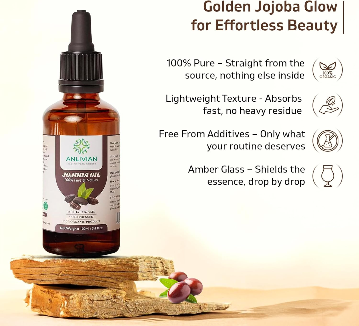 Pure Cold Pressed Jojoba Oil, 100Ml, Natural Carrier Oil for Hair and Skin Care, Nail, Makeup Remover, Facial Moisturizer Pure Packed in Australia.