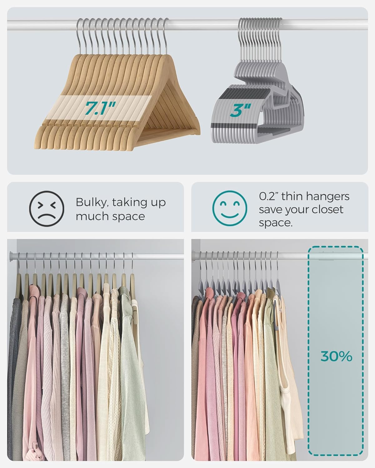 SONGMICS 30 Pack Coat Hangers, Heavy-Duty Plastic Suit Hangers, S-Shaped Opening, Space-Saving, 360&ordm; Swivel Hook, 16.3 Inches Wide, Light Gray and Dark Gray UCRP041G05 image number 3