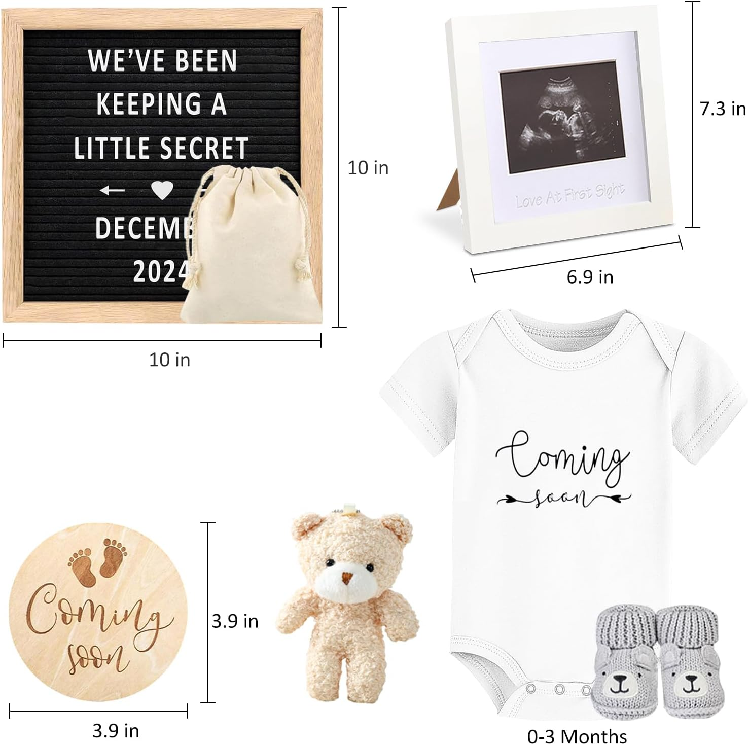 Pregnancy Announcement, Baby Announcement Ideas Set Include Felt Letter Board, Baby Onesie, Booties, Photo Frame, Wooden Sign and Bear Plush, Pregnancy Announcement Photo Props Coming Soon Baby image number 2