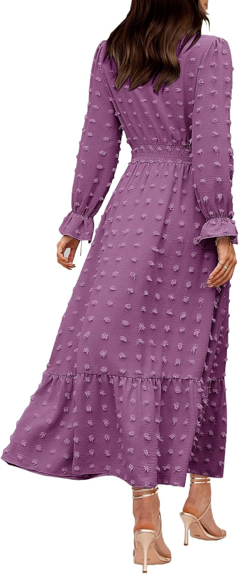 Women Nursing Boho Maxi Dress 2024 V Neck Swiss Dot Smocked High Waisted A-Line Ruffle Tiered Long Dress with Pockets image number 4