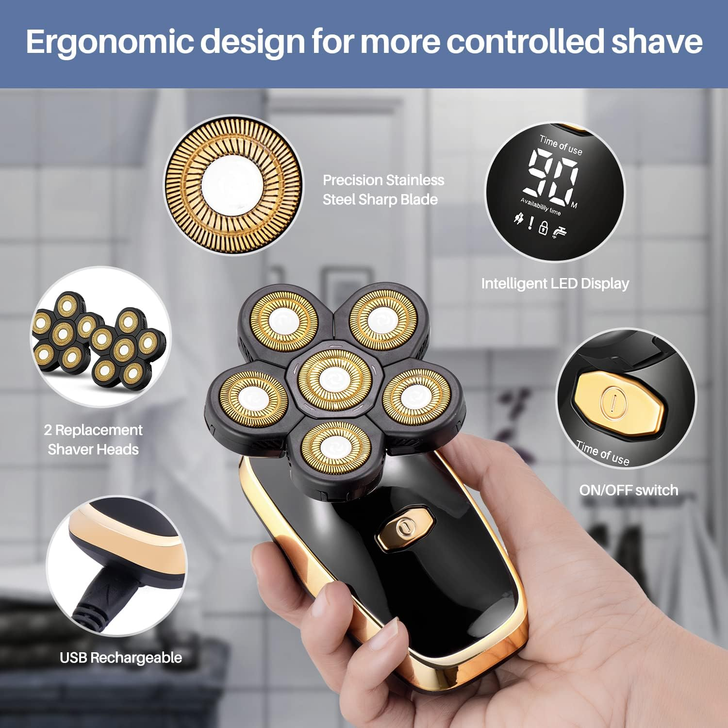 Head Shavers for Bald Men Rotary Electric Razor Cordless Electric Shaver Rechargeable Head Shaver Waterproof Mens Head Razor Multifunctional Shaving Grooming Kit for Balder image number 4