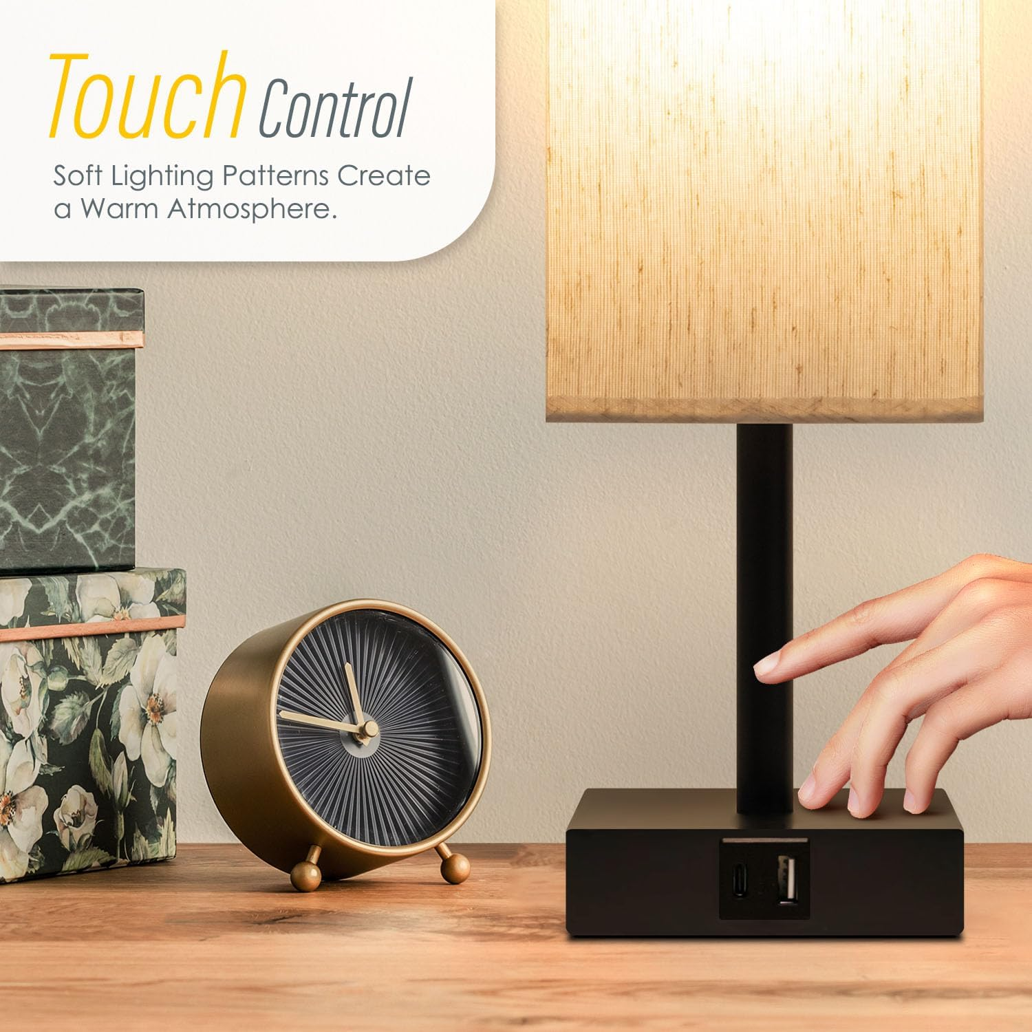 Bedside Lamp with USB Ports - Touch Control Table Lamp for Bedroom with USB C+A Charging Ports, 3 Way Dimmable Nightstand Light for Living Room (LED Bulb Included, Beige) - Grey image number 3