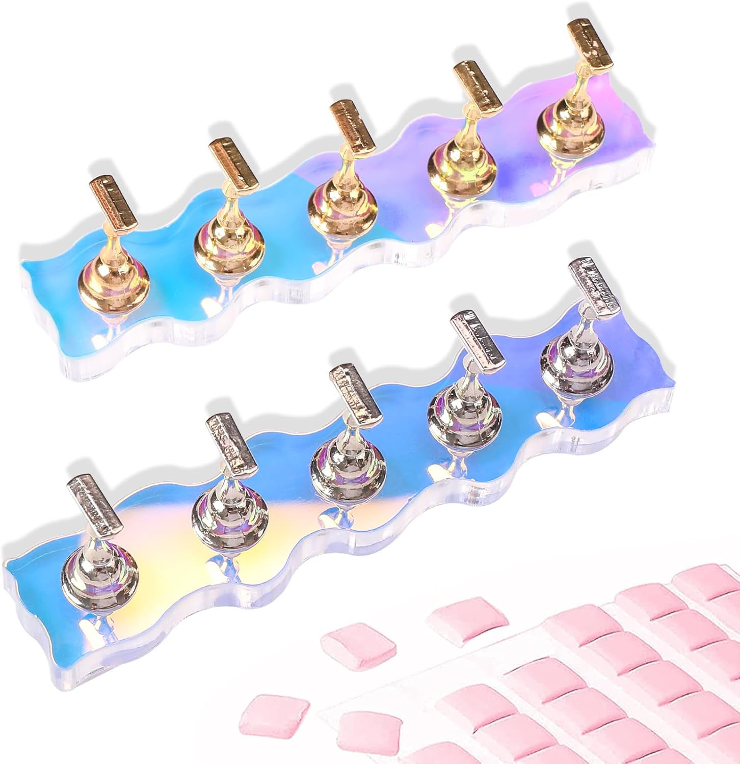 ANGNYA Nail Stand for Press On, 2 Set Aurora Nail Holder for Painting Nails Press on Nail Stands with 96 Pcs Reusable Sticky Putty for Nail Art Display Home & Salon Use (Round)