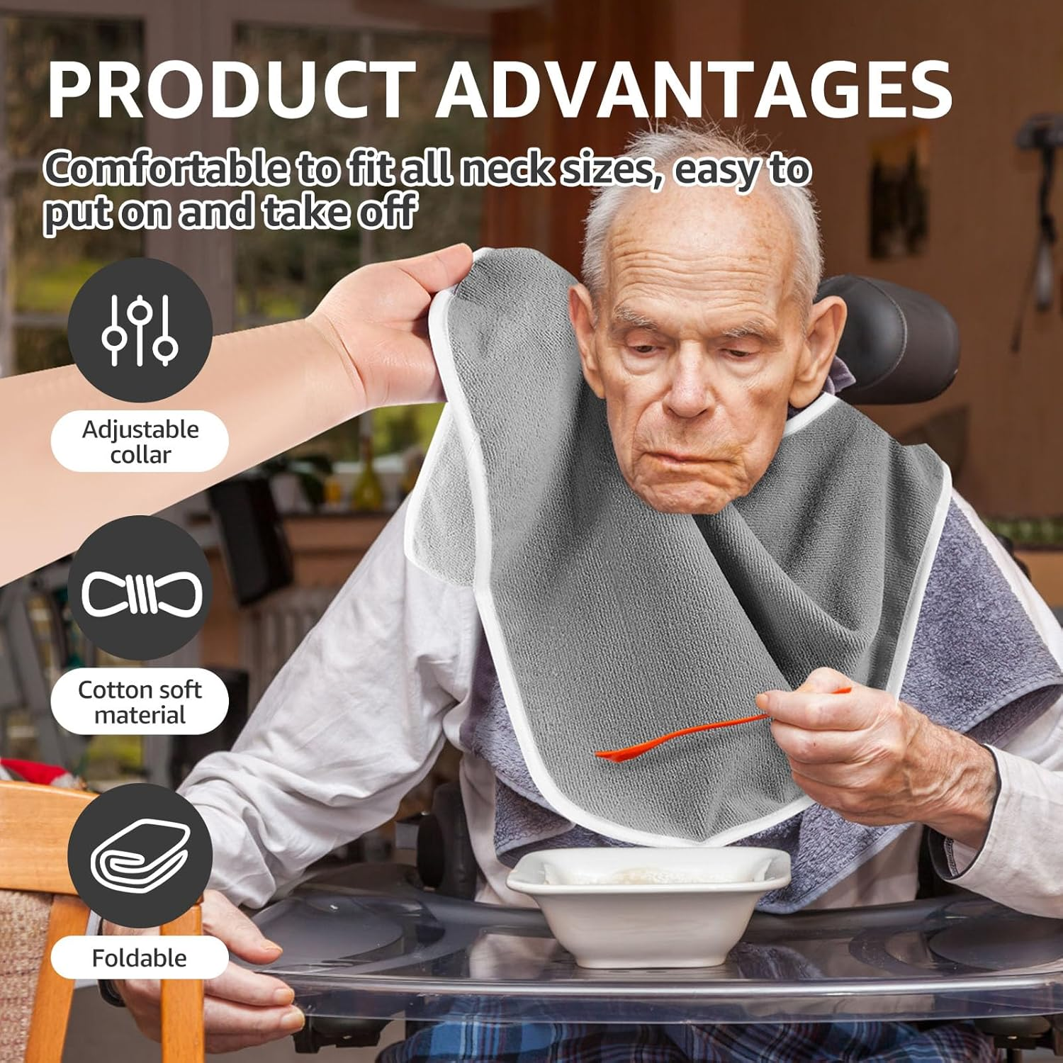 4 Pack Adult Bibs - Soft Polyester Terry Bibs, Adjustable Washable Drool Bibs for Adults Reusable Towel Bibs for Women Men Elderly Senior