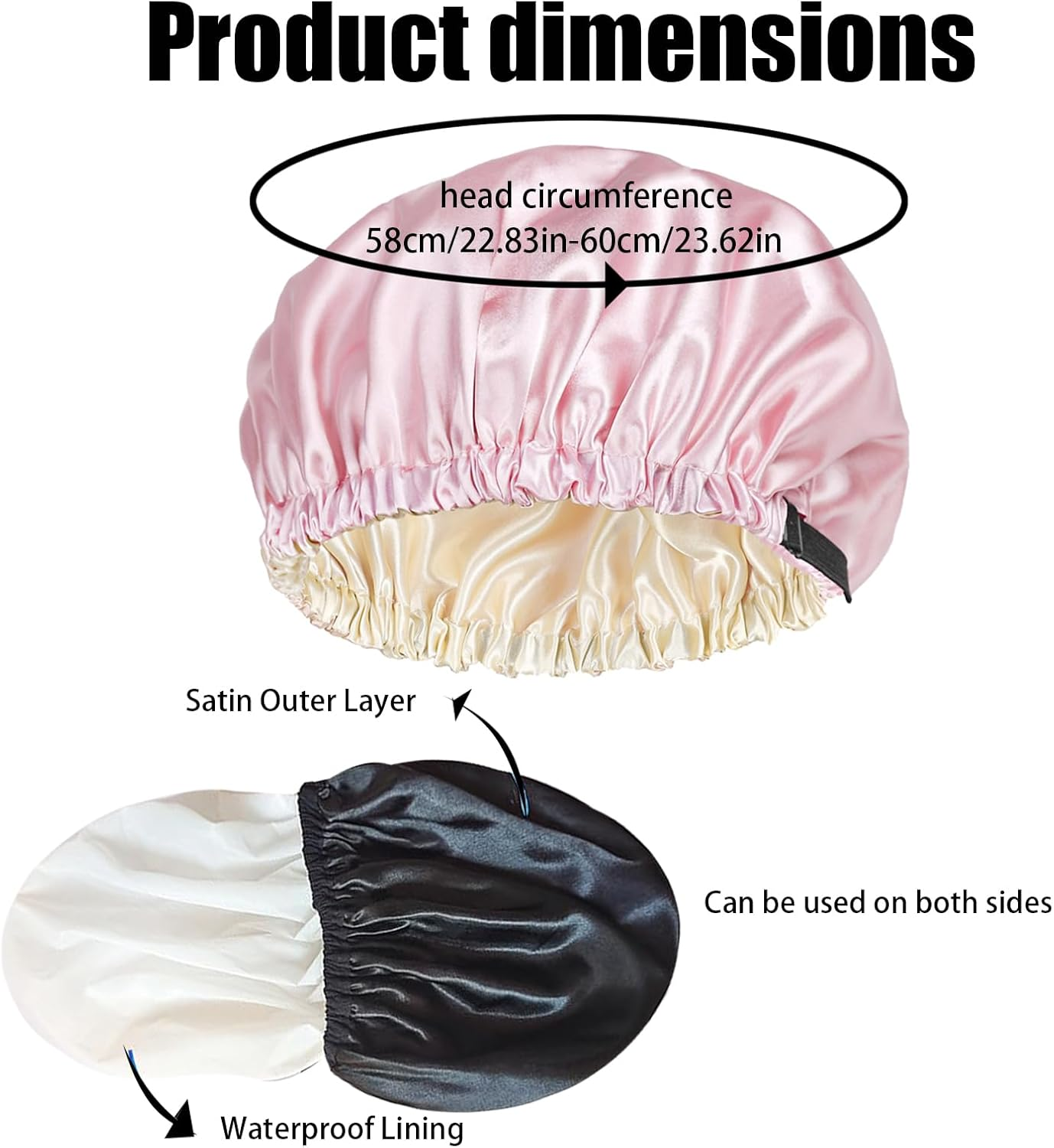 2 Large Shower Caps, Double-Sided Shower Cap, Large Waterproof Shower Cap with Elastic Band, Reusable, Washable, Pink and Black image number 4