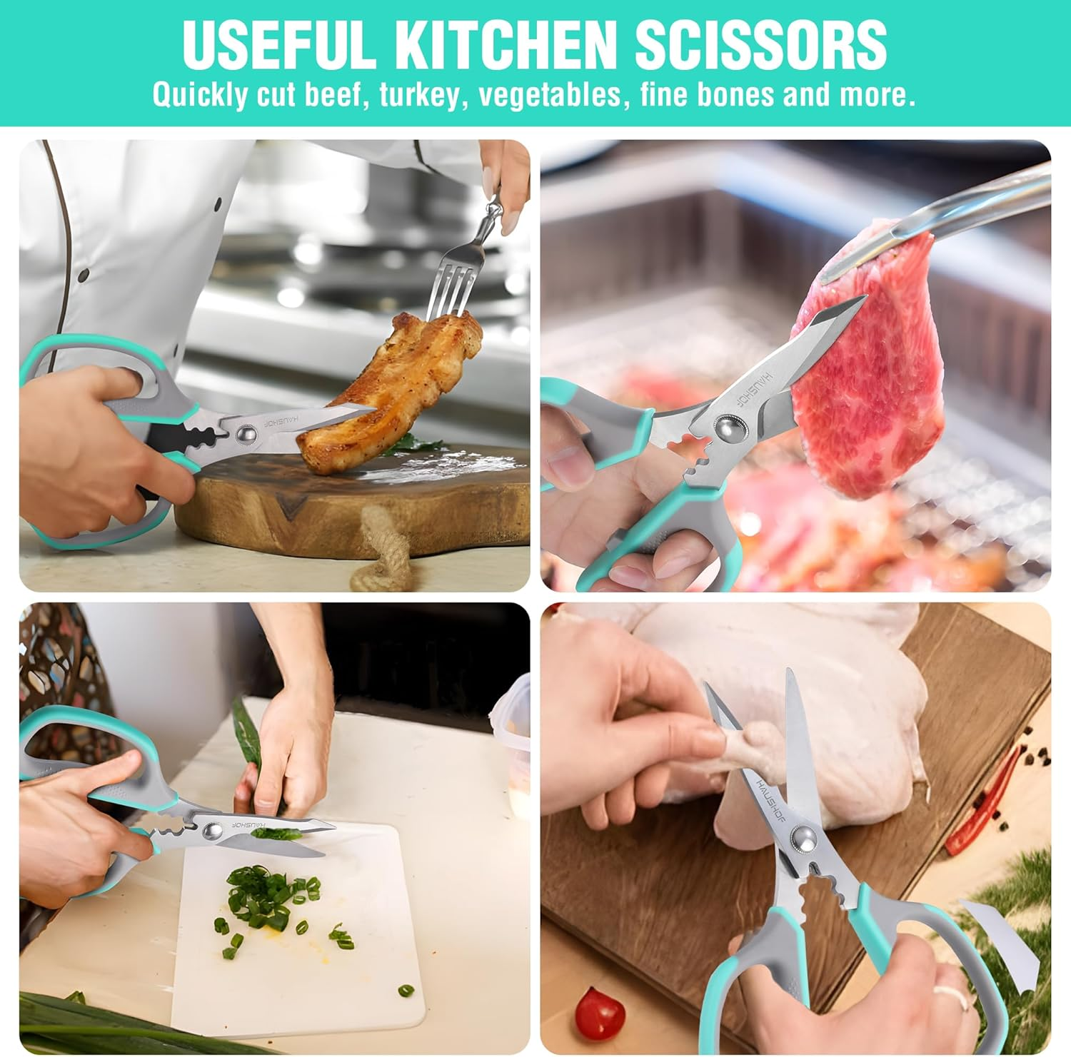 HAUSHOF Kitchen Scissors for Food, Heavy Duty Kitchen Shears, Stainless Steel Sharp Food Scissors with Soft Grip, U-Groove Design, 8-1/4" Kitchen Scissors All Purpose for Meat, Vegetables, Bones