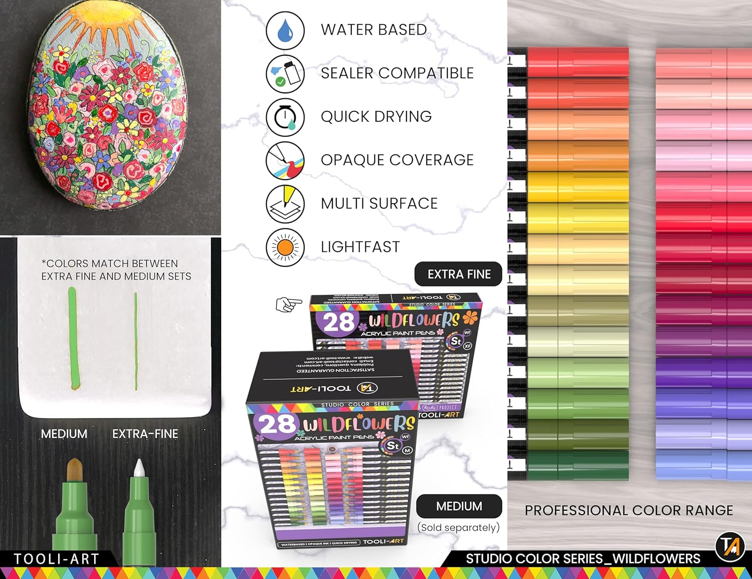 28 Wildflower Colours Acrylic Paint Pens Studio Colour Series Markers Set 0.7Mm Extra Fine Tip, Rock Painting, Glass, Mugs, Wood, Metal, Canvas, DIY, Detailing. Non Toxic, Waterbased, Quick Drying