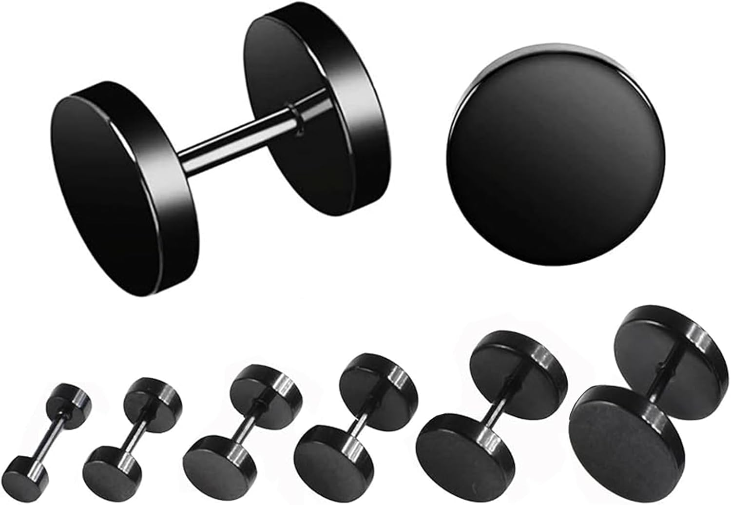 ZALIZR Black Stainless Steel Stud Earrings Set - 6 Pairs 5Mm-10Mm Ear Piercing Plugs, Unisex Flat Top round Studs for Men, Women, Girls. image number 1