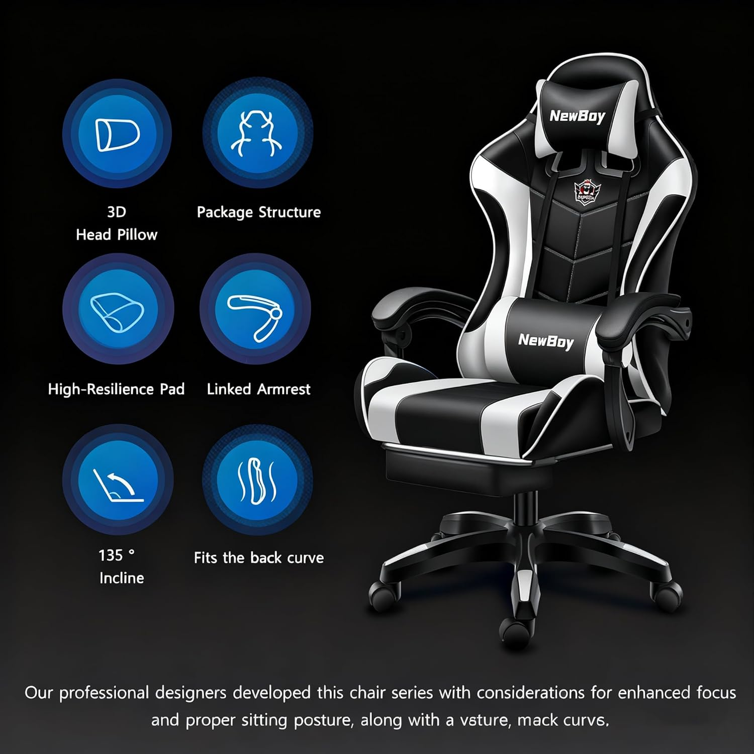 Gaming Chair, Ergonomic Office Chair - PU Leather Reclining Chair with Footrest, Headrest and Lumbar Support, Height-Adjustable, Suitable for Gaming/Office Scenarios (Model 13, Black and White)