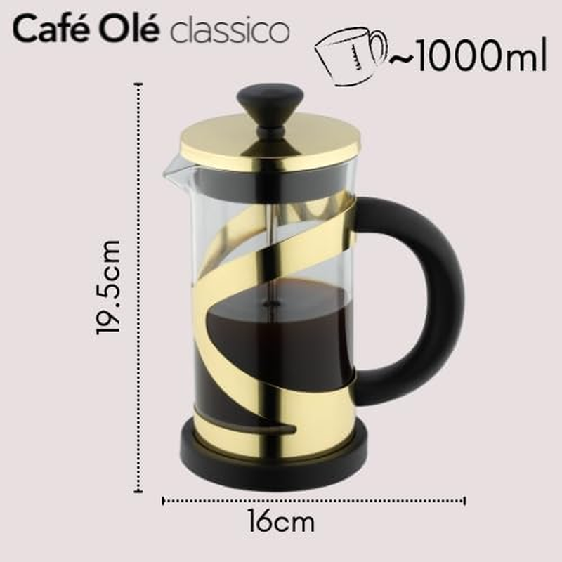 Caf&eacute; Ol&eacute; Classico Gold Cafeti&egrave;re, French Press Coffee Maker, Stainless Steel Mesh Filter, Glass Body with Stylish Gold Finish, 1000Ml (8 Espresso Cups, 4 Mugs) image number 2