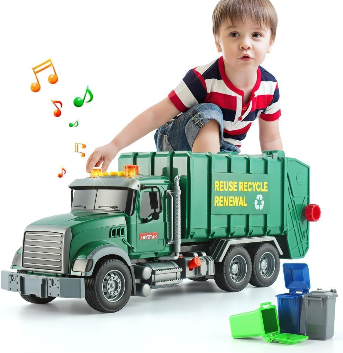 Kid Trucks, 15" Large Garbage Truck Toy, Friction Powered Waste Management Garbage Truck with Lights and Sounds,3 Trash Cans, Kids Toys for 3+ Years Old Boys, Vehicles for Kids Toddlers Gifts