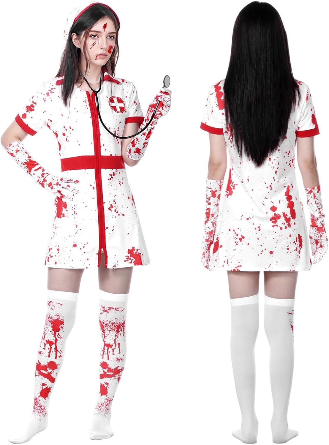 Halloween Bloody Nurse Dress with Hat Costume image number 6