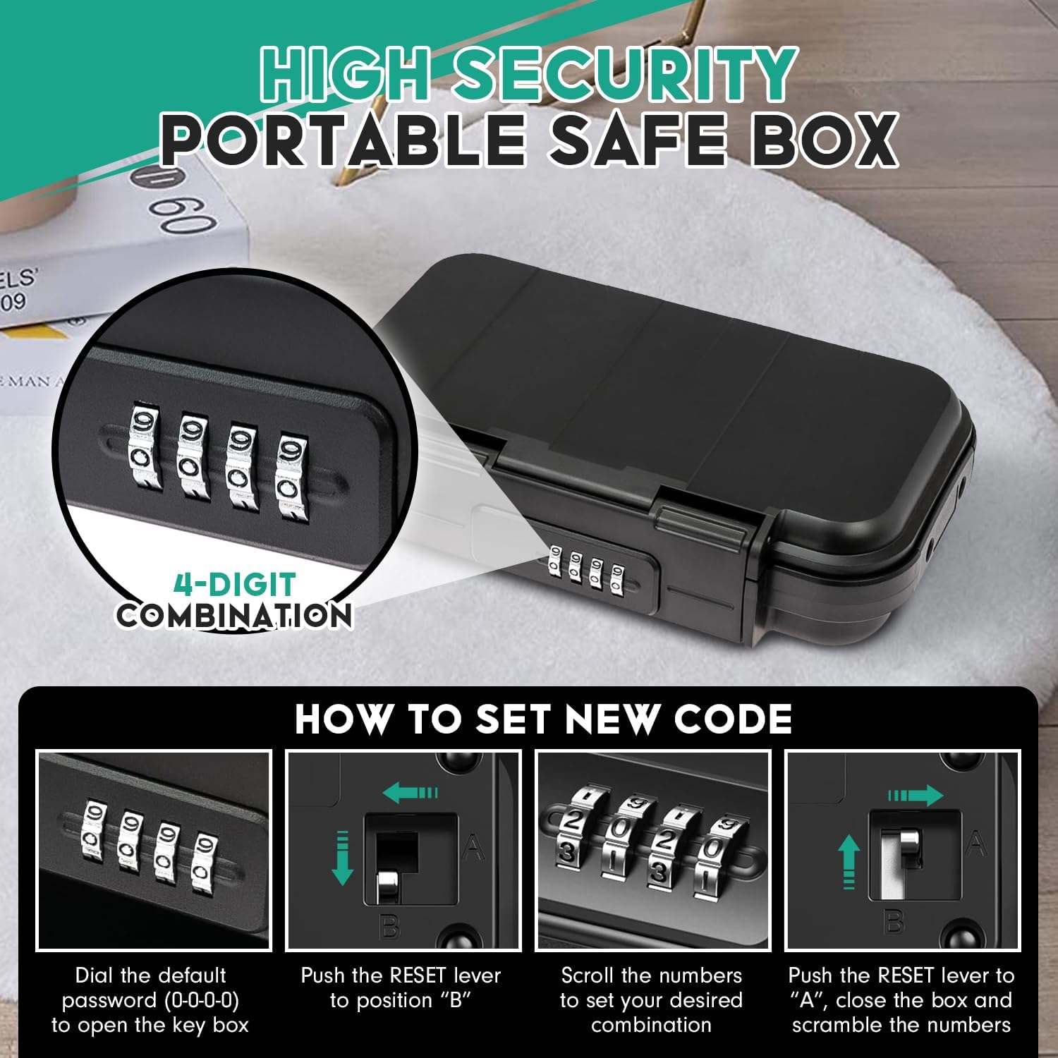 Travel Portable Safe Box, Outdoor Combination Security Case with 4-Digit Code, Waterproof Anti-Theft Lock Box with Wire for Passport, Credit Cards, Phones &ndash; Ideal for Home, Hotel, Travel, Beach, Car image number 4