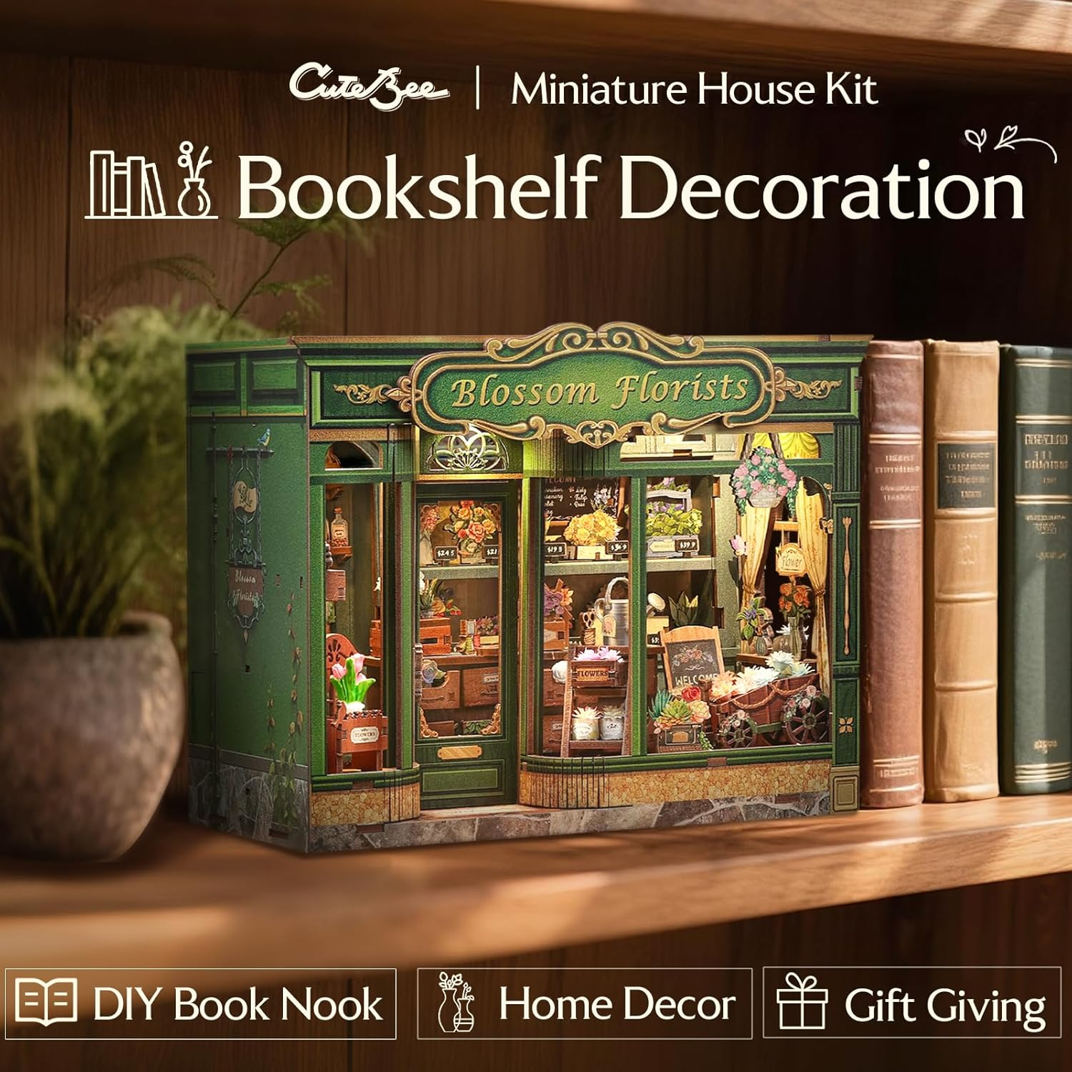 CUTEBEE Book Nook Kit - DIY Miniature House Dollhouse Kit for Adults and Teens, 3D Wooden Puzzle Tiny House Bookshelf Decor with LED Light for Family, Friends (Blossom Florists) image number 1