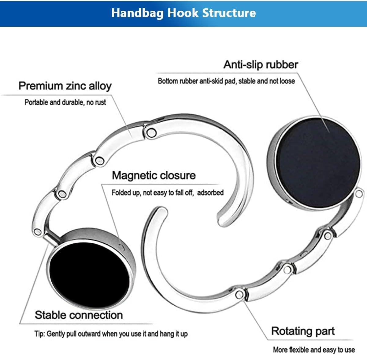 BEANPRECOY 4 Pcs Portable Handbag Hooks for Tables Zinc Alloy Metal Hook Long Handbag Hanger Storage Table Hook Non-Slip Folding Purse Hangers Table Bag Hook Holders for Restaurant Bar and Office image number 3