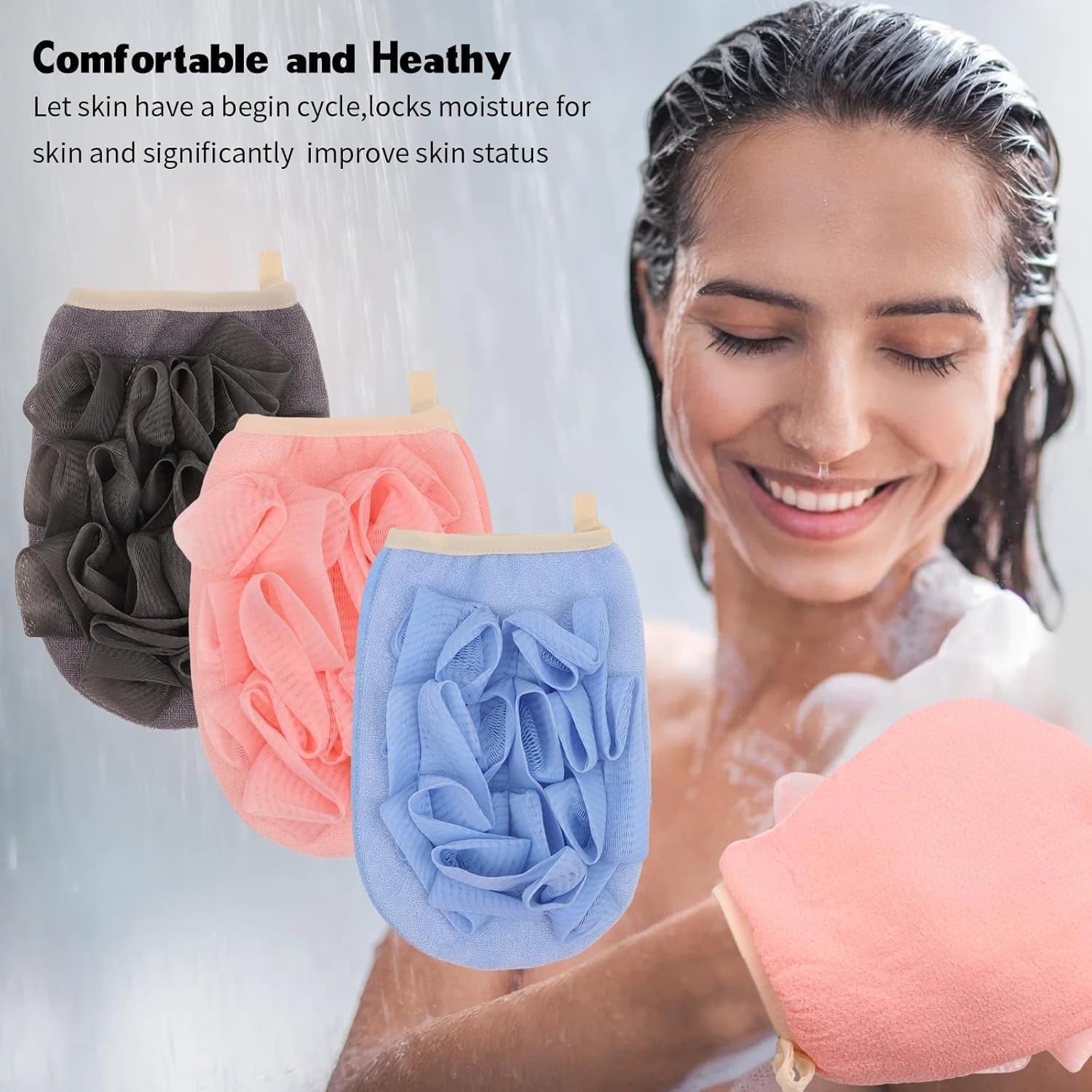 Exfoliating Glove Bath Loofah Body Sponge Brushes Loofah Bath Shower Glove with Flower Bath Ball Bath Shower Loofah Sponge for Women and Men 3 Pack image number 5