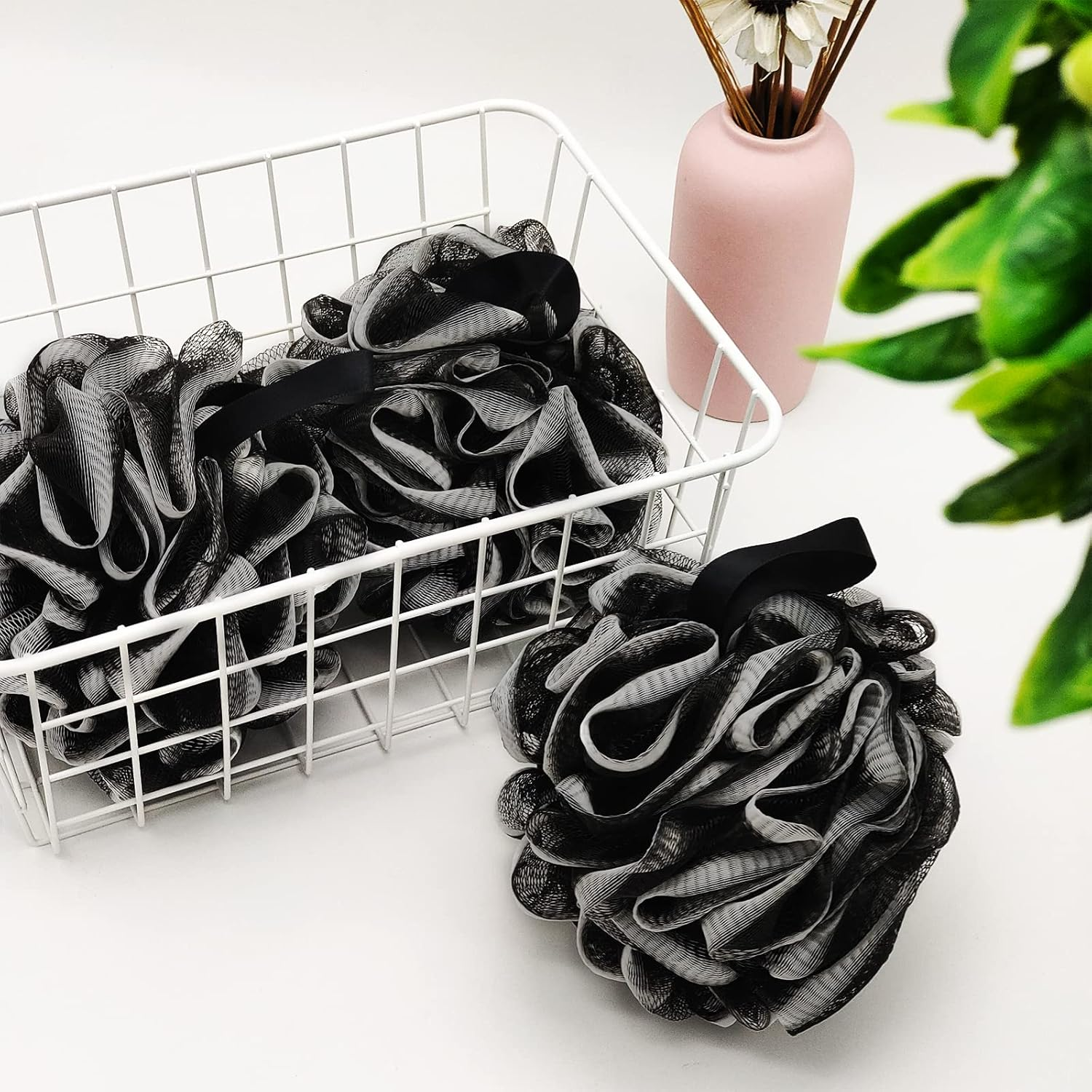 Loofah Charcoal Bath Shower Sponge Body Scrubber,75G XL Exfoliate Mesh Pouf Shower Bouquet,3 Pack Black Large Bath Sponge for Women and Men image number 3