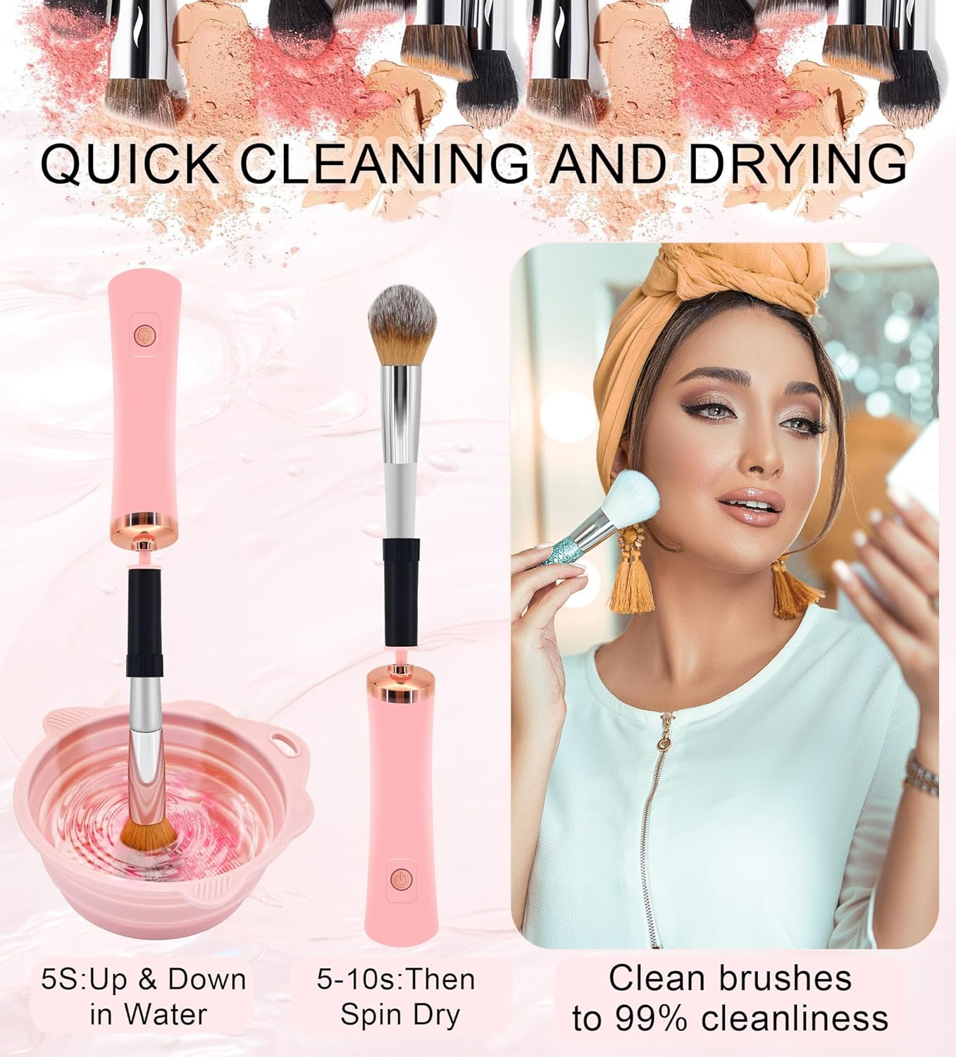 YBVABE Makeup Brush Cleaner and Dryer &ndash; Electric 10S Quick Clean & Dry with Foldable Silicone Bowl &ndash; Portable Spin Cleaning Tool for All Makeup Brushes &ndash; Battery & Rechargeable Options image number 6