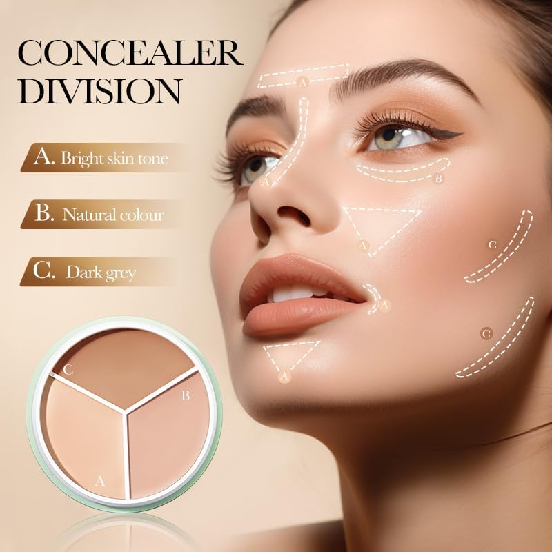 Tri-Color Concealer Palette, Natural Coverage, Precise Skin Tone Matching, Easy Application