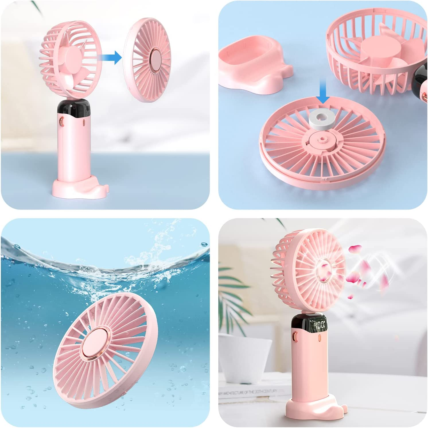 Personal Fan, Portable Hanging Neck Fan, 4000Mah USB-C Rechargeable 5-Speed Modes Powerful Desktop Fan with Base, Max 16H Run Time, Adjustable Lanyard and Bracket Hands-Free Cooling Fan-Pink image number 3