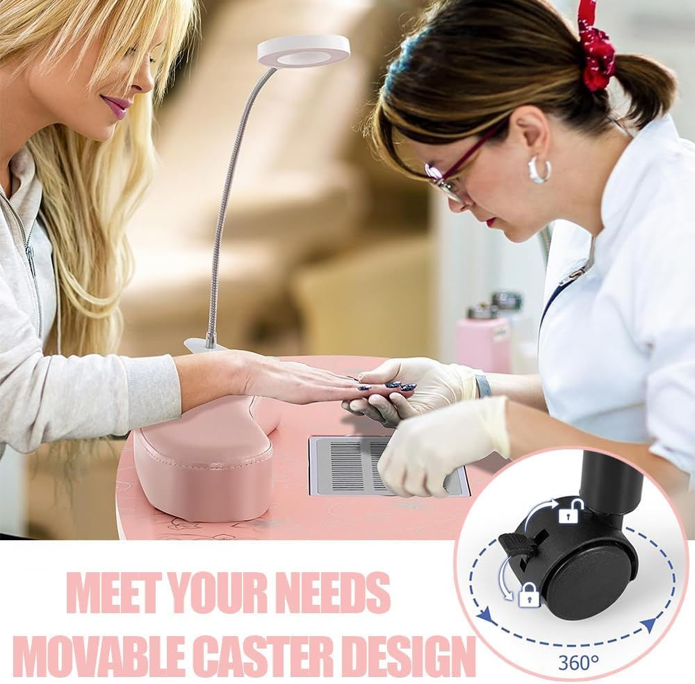 GUDAJIN Portable Manicure Table, Folding Table with Wheels, Beauty Manicure Workstation, Built-In Dust Collector, Nail Lamp, Sponge, Carrying Bag, Suitable for Nail Spa Beauty Salon (Pink) image number 4